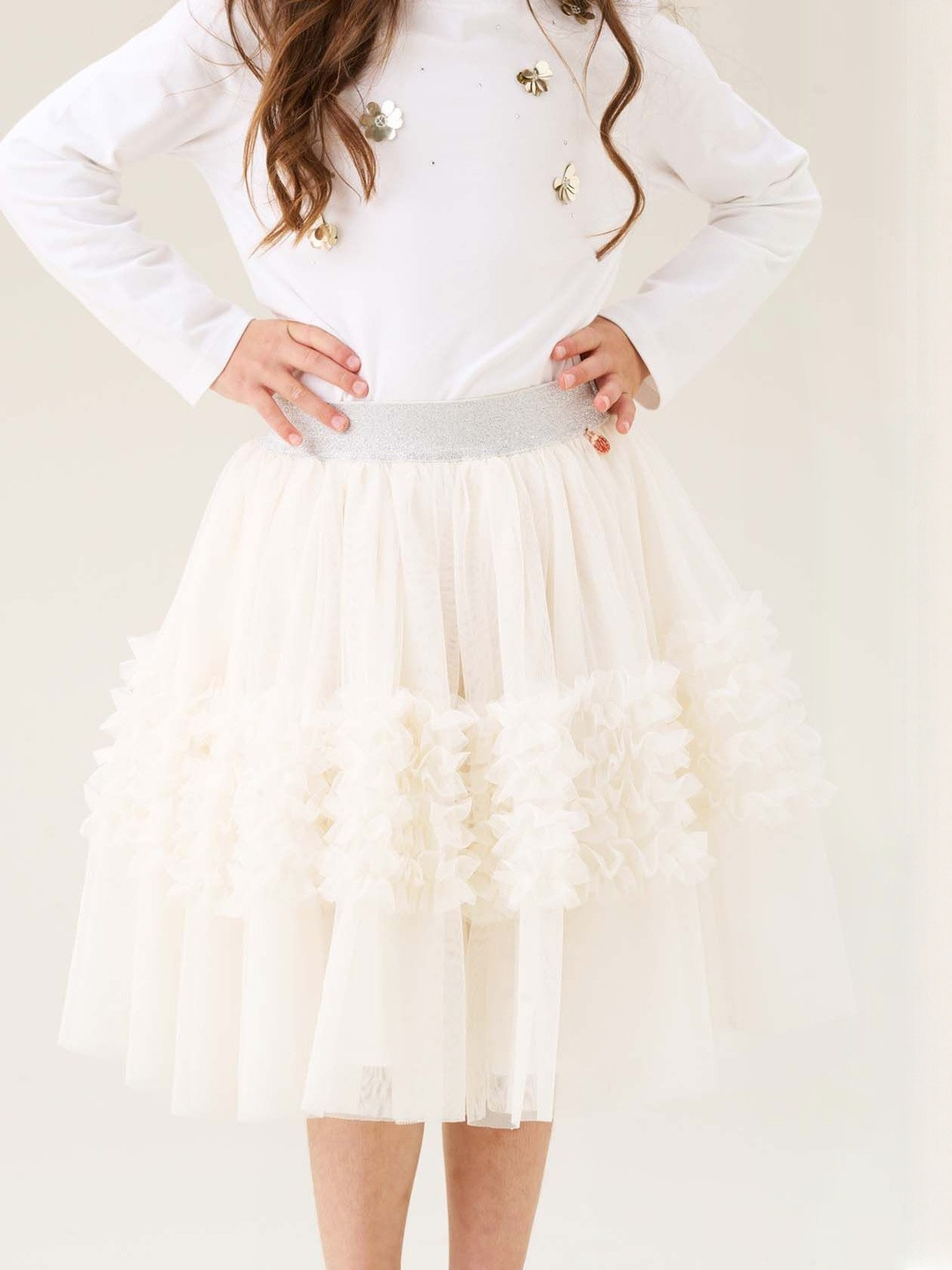 Angel & Rocket Sallie Girls Cream Ruffle Flared Knee Length Slip-On Skirt