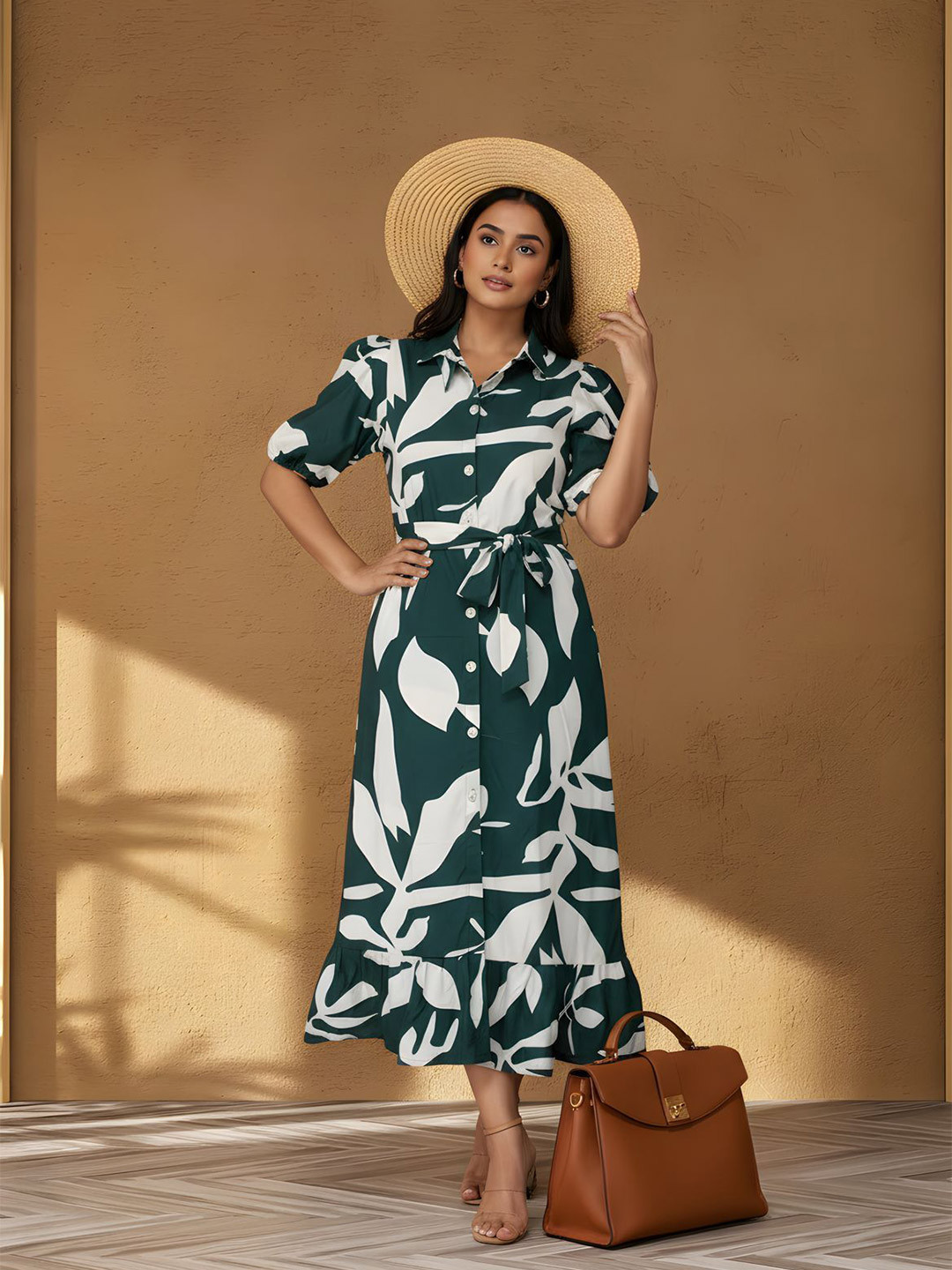 Subhan Hub Women Floral Print Puff Sleeve Shirt Midi Dress