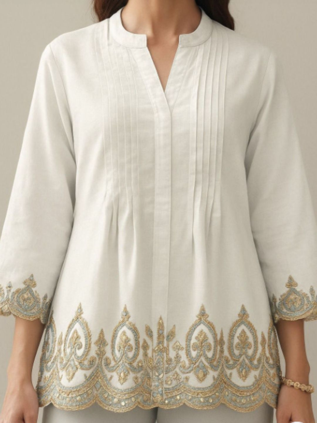 REYA FASHION Embroidered Mandarin Collar Ethnic Cotton Top