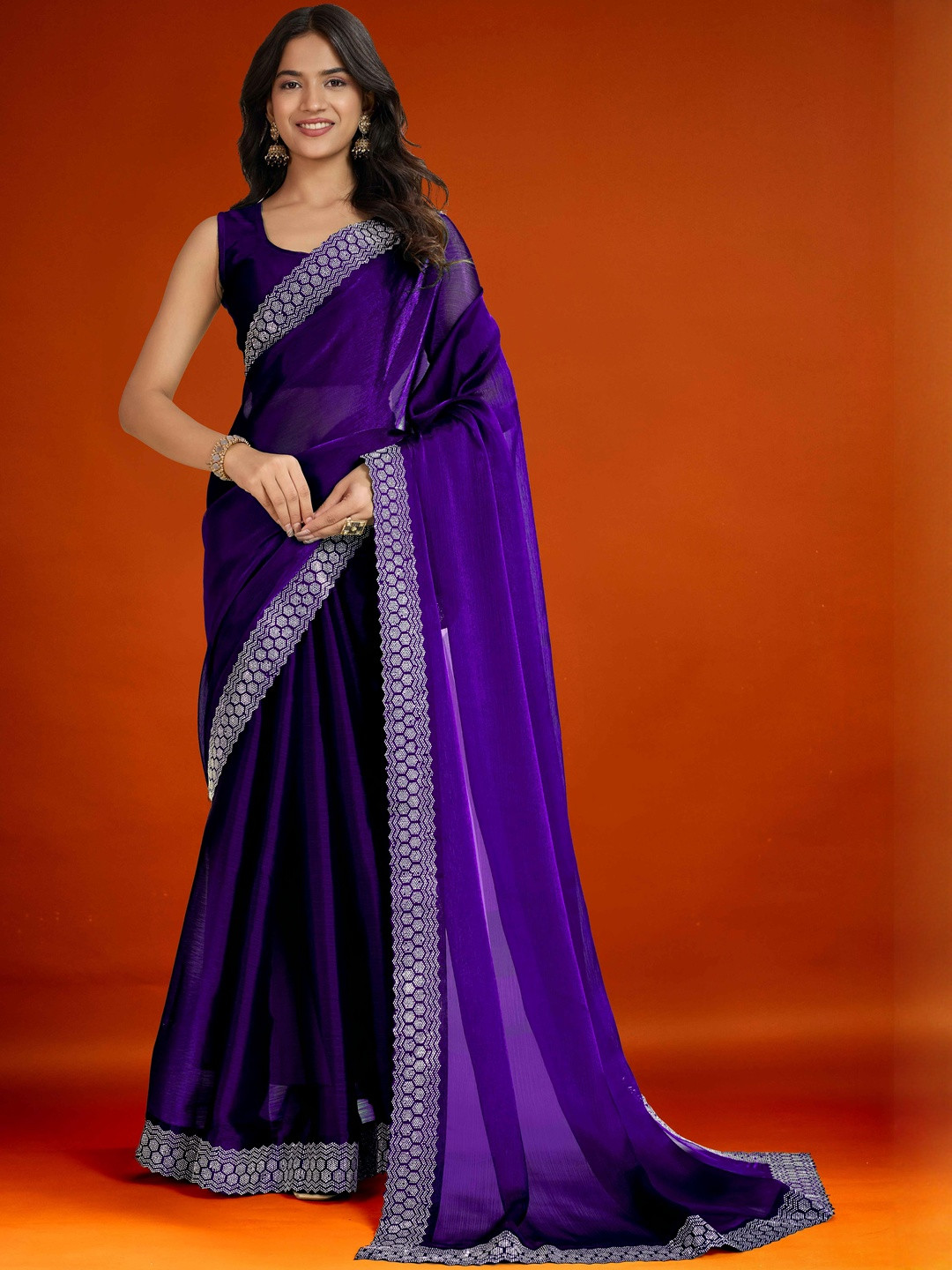 MEAVEN FEB Women Embellished Barbie Blush Jimmy Choo Stone Work Saree with Designer Border