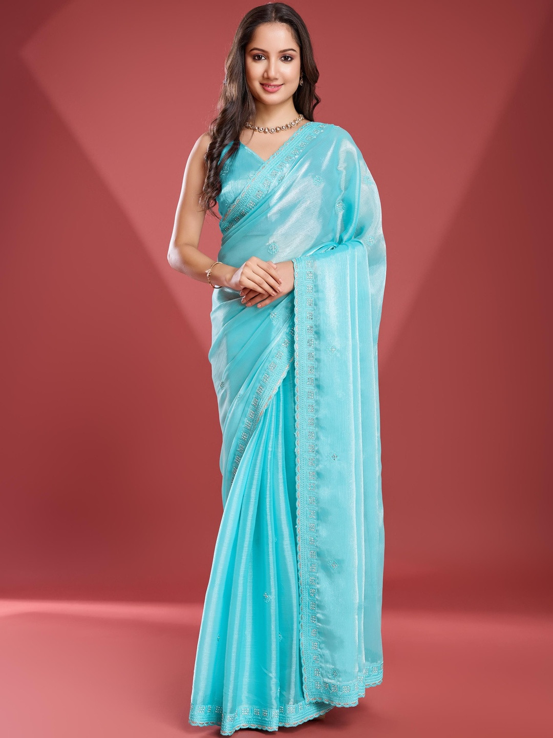 Smart Stree Blue Pure Tissue Burberry Embroidery Party Wear Saree