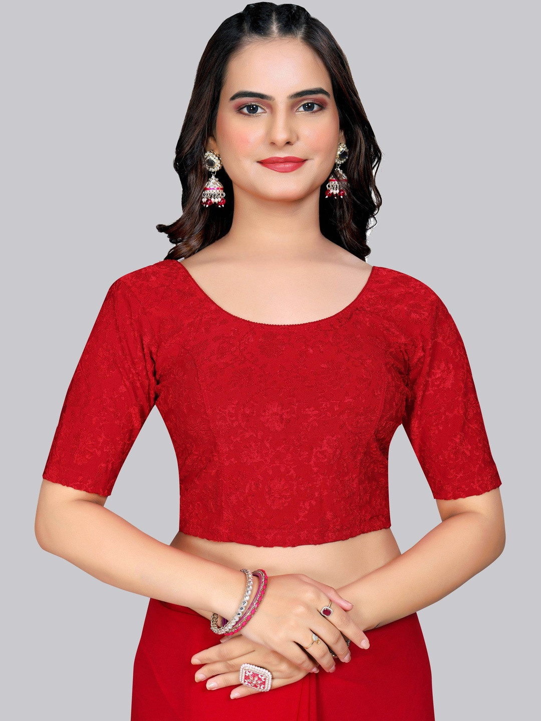 SHREEJI DESIGNER Woven Design Round Neck Short Sleeves Velvet Saree Blouse