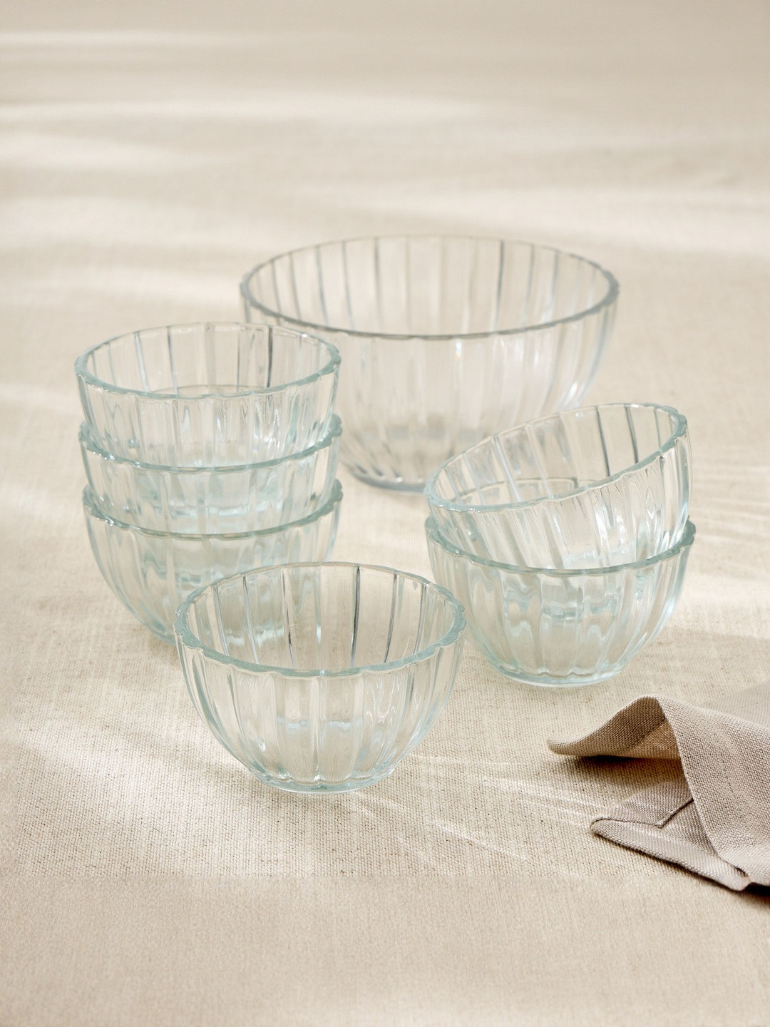 Home Centre Transparent 7 Pieces Glass Easy to Clean Ribbed Pudding Bowls
