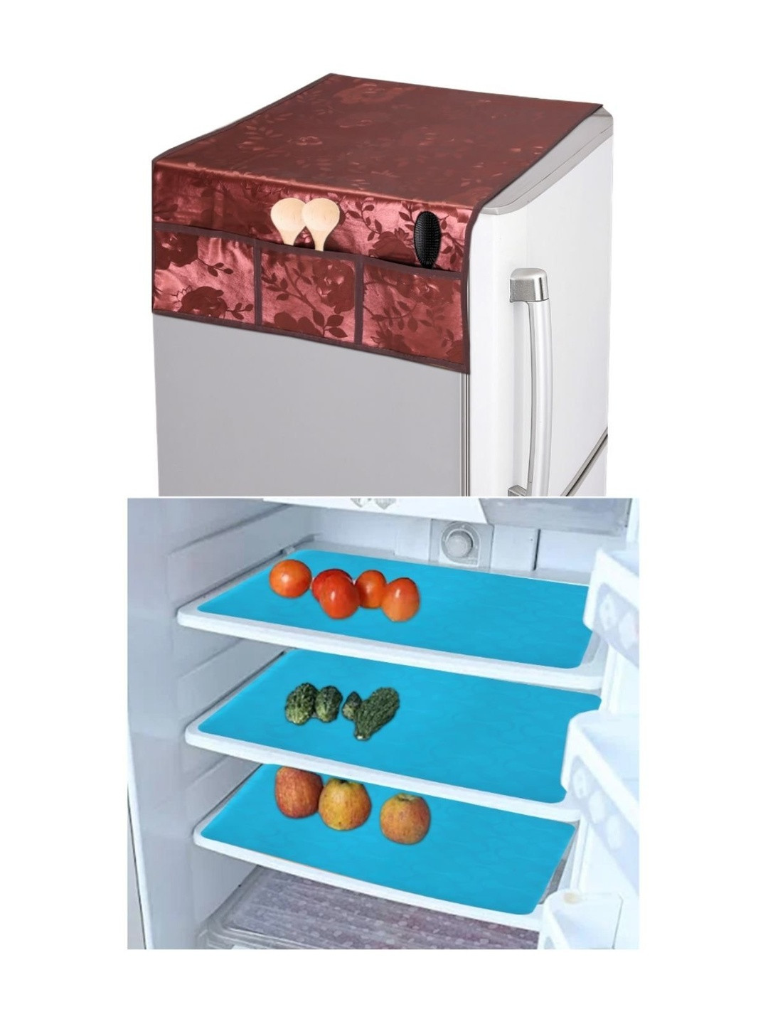 CROSMO Multi Color Printed Pack of 4 Plastic Fridge Top Cover and Fridge Mats