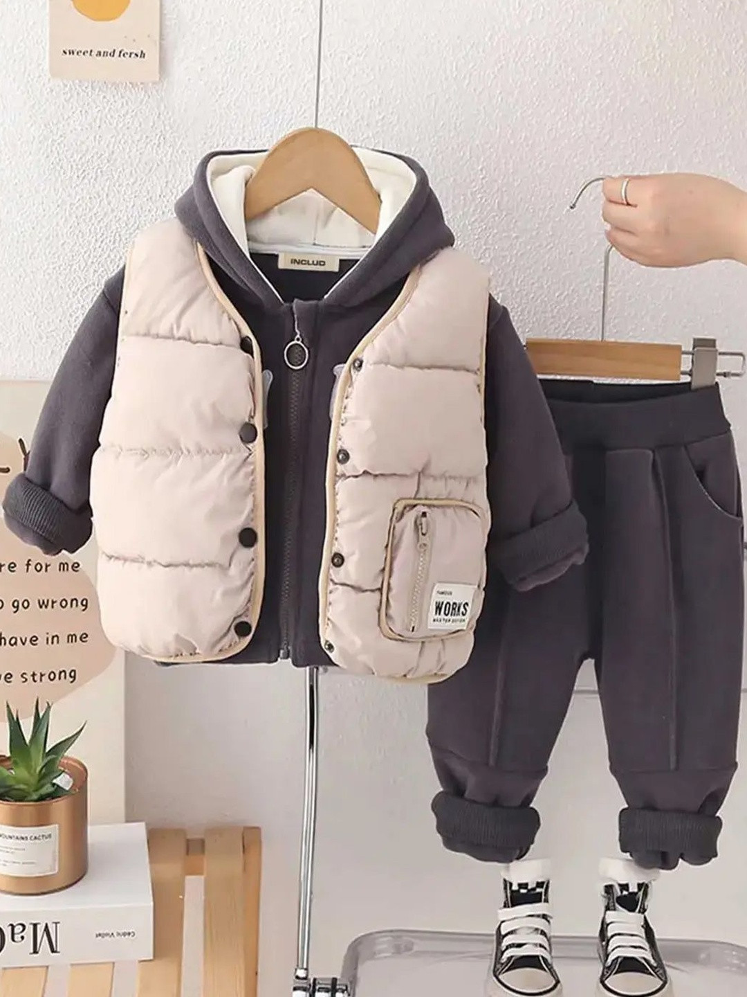 INCLUD Boys Fleece Hooded Zipper Jacket With Puffer Vest & Jogger