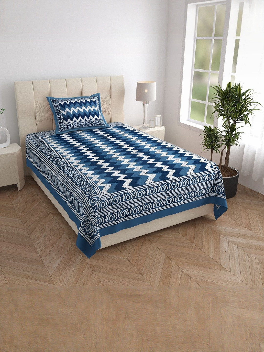 DHANOTA Chevron 160 TC Pure Cotton Single Bedsheet with 1 Pillow Covers 228 X 152 CM