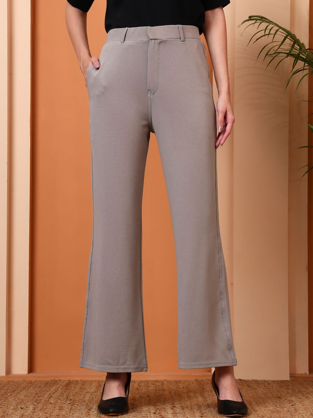 FITHUB Women High-Rise Wrinkle Free Cotton Bootcut Trousers