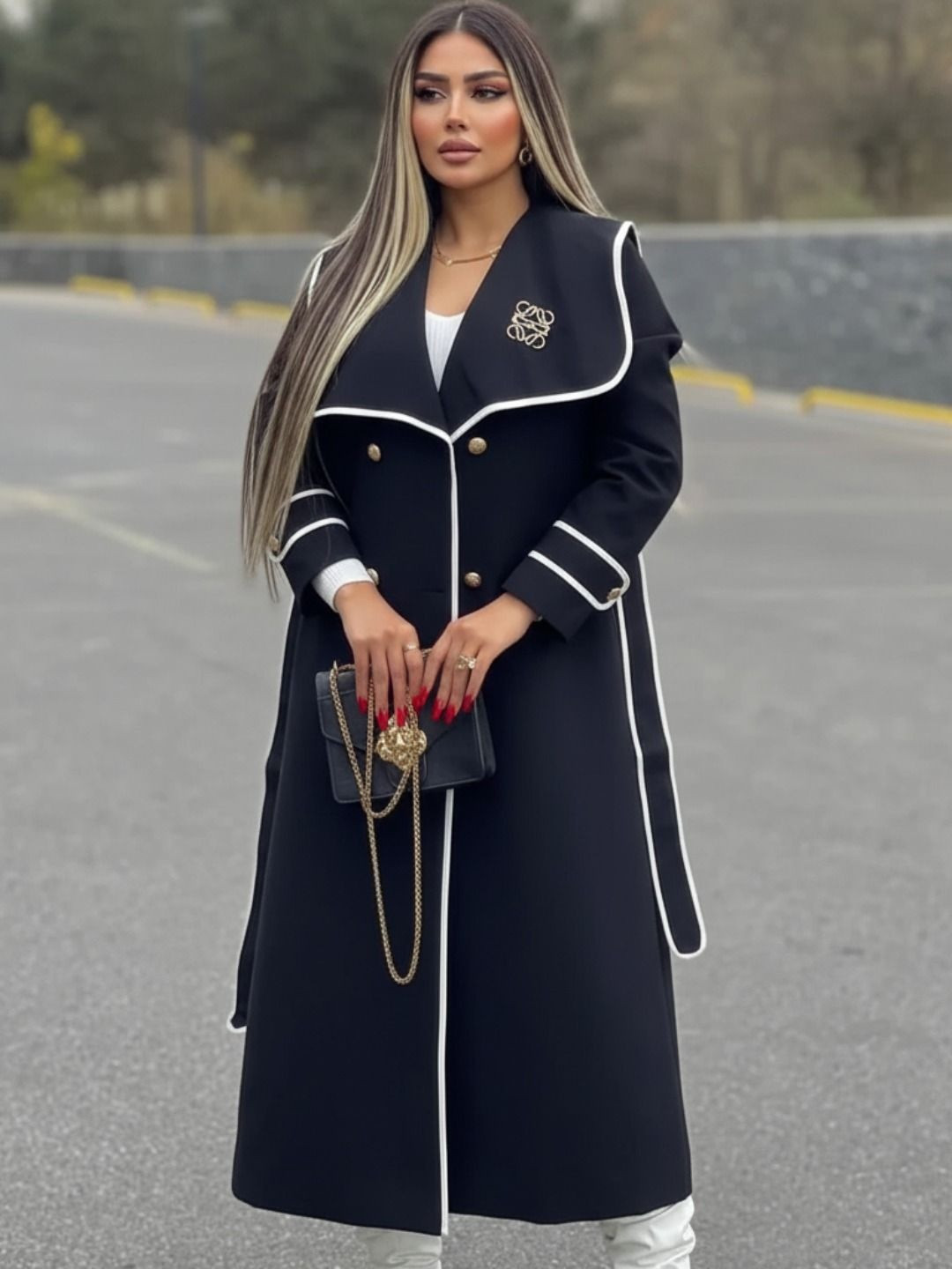 TRENBEE Women Spread Collar Overcoat Long Knit Blazer with Belt