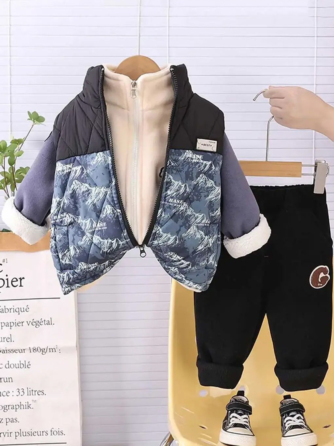 INCLUD Boys Abstract Printed Quilted Puffer Vest With Jacket & Jogger