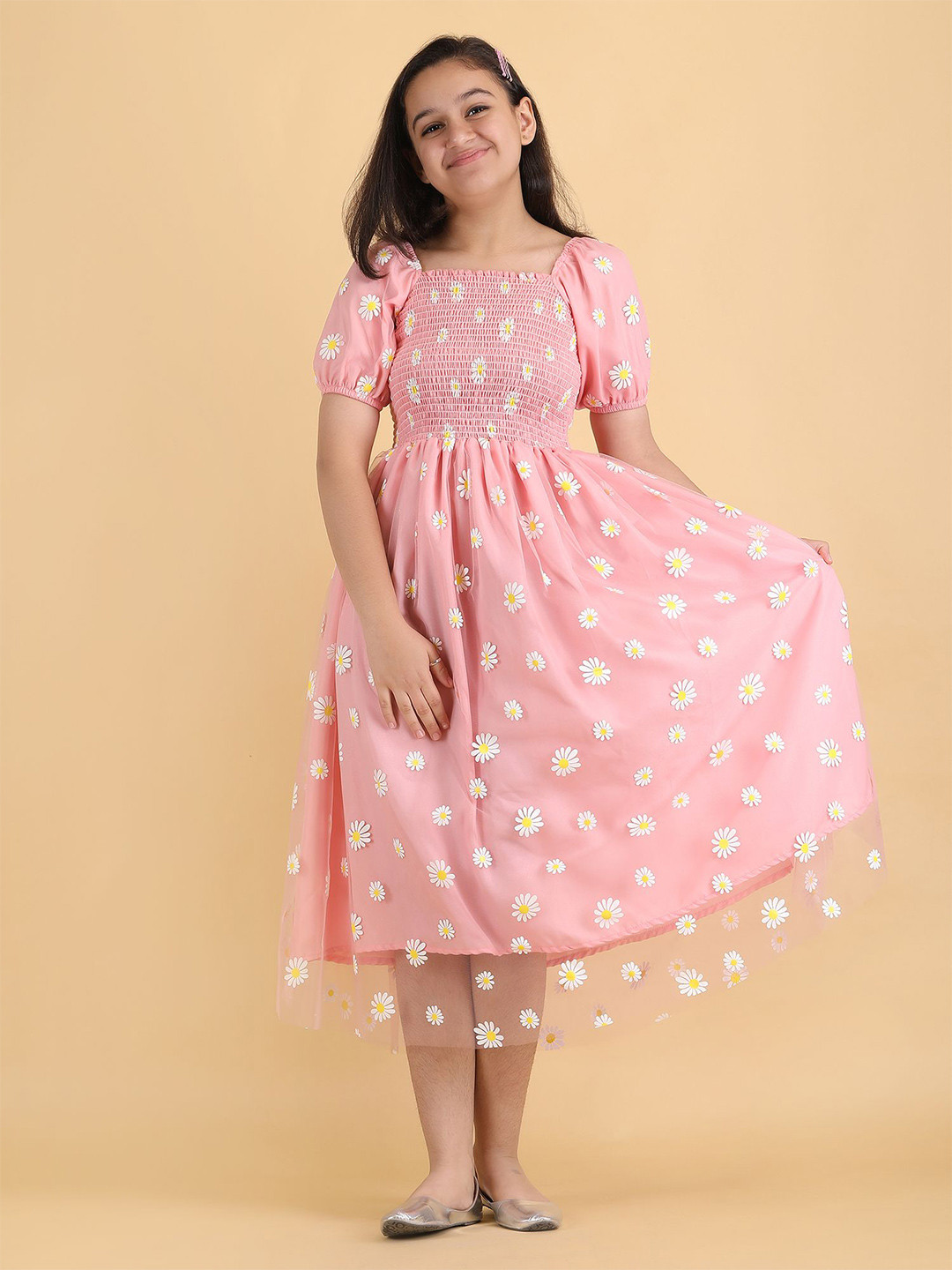 PTVIZE Floral Puff Sleeve Net Fit & Flare Midi Dress
