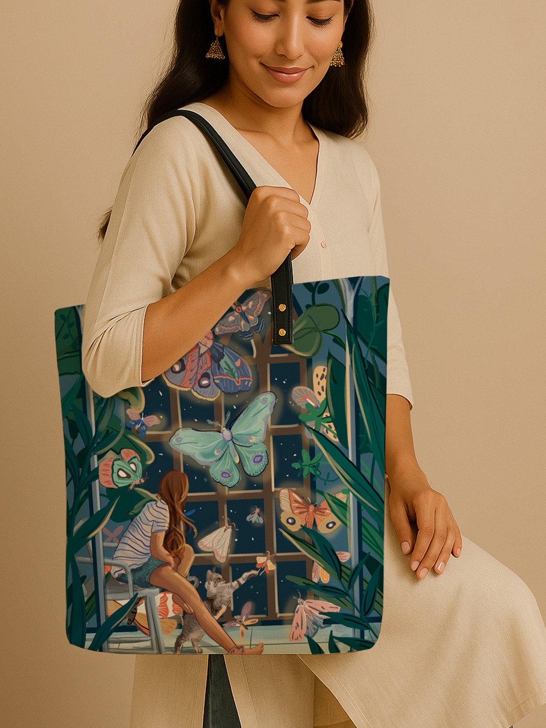 Kalankit Graphic Printed Pure Vegan Leather Oversized Shopper Tote Bag