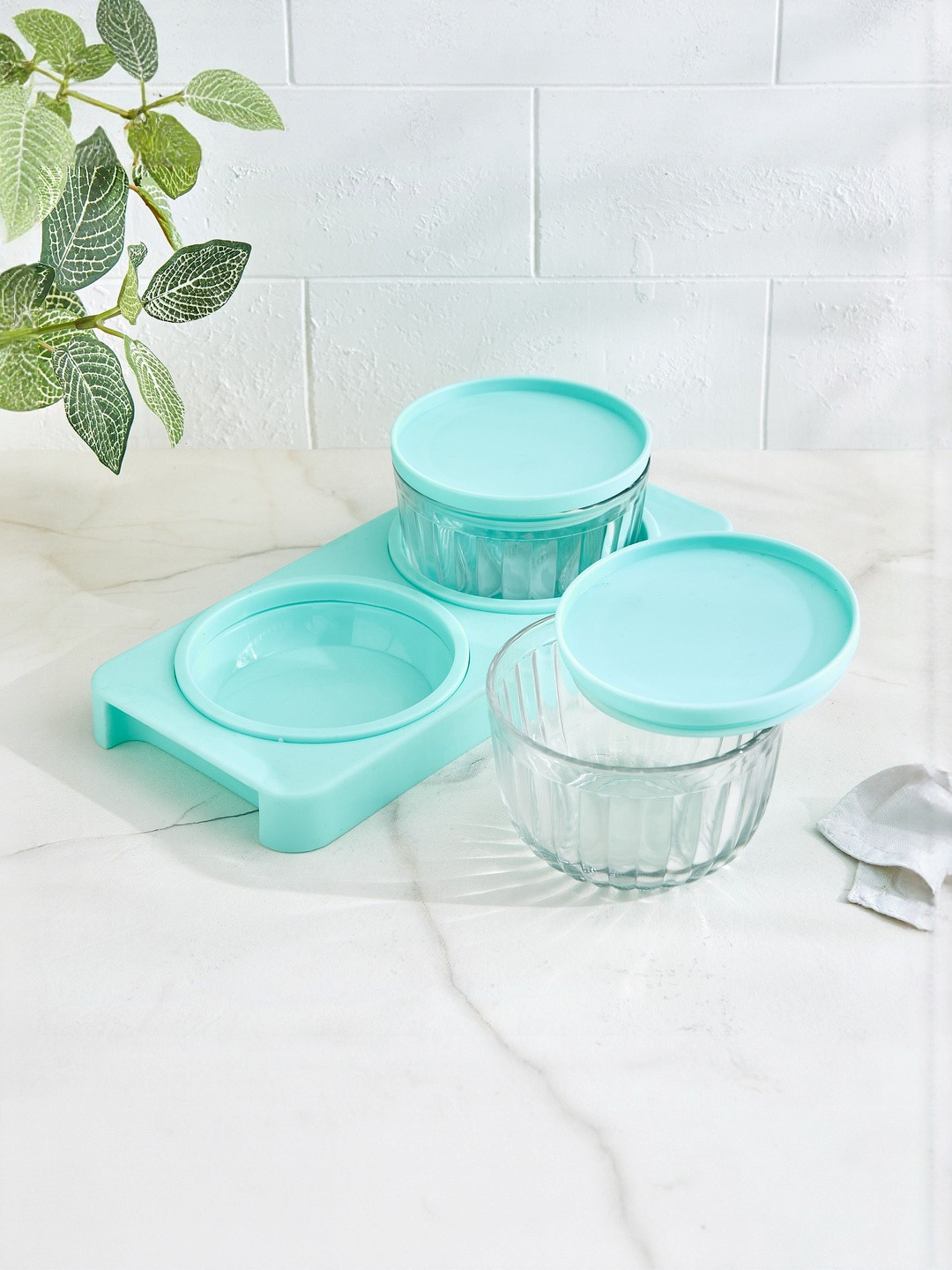 Home Centre Transparent & Green 3 Pieces Glass Easy to Clean Core Bowls with Tray