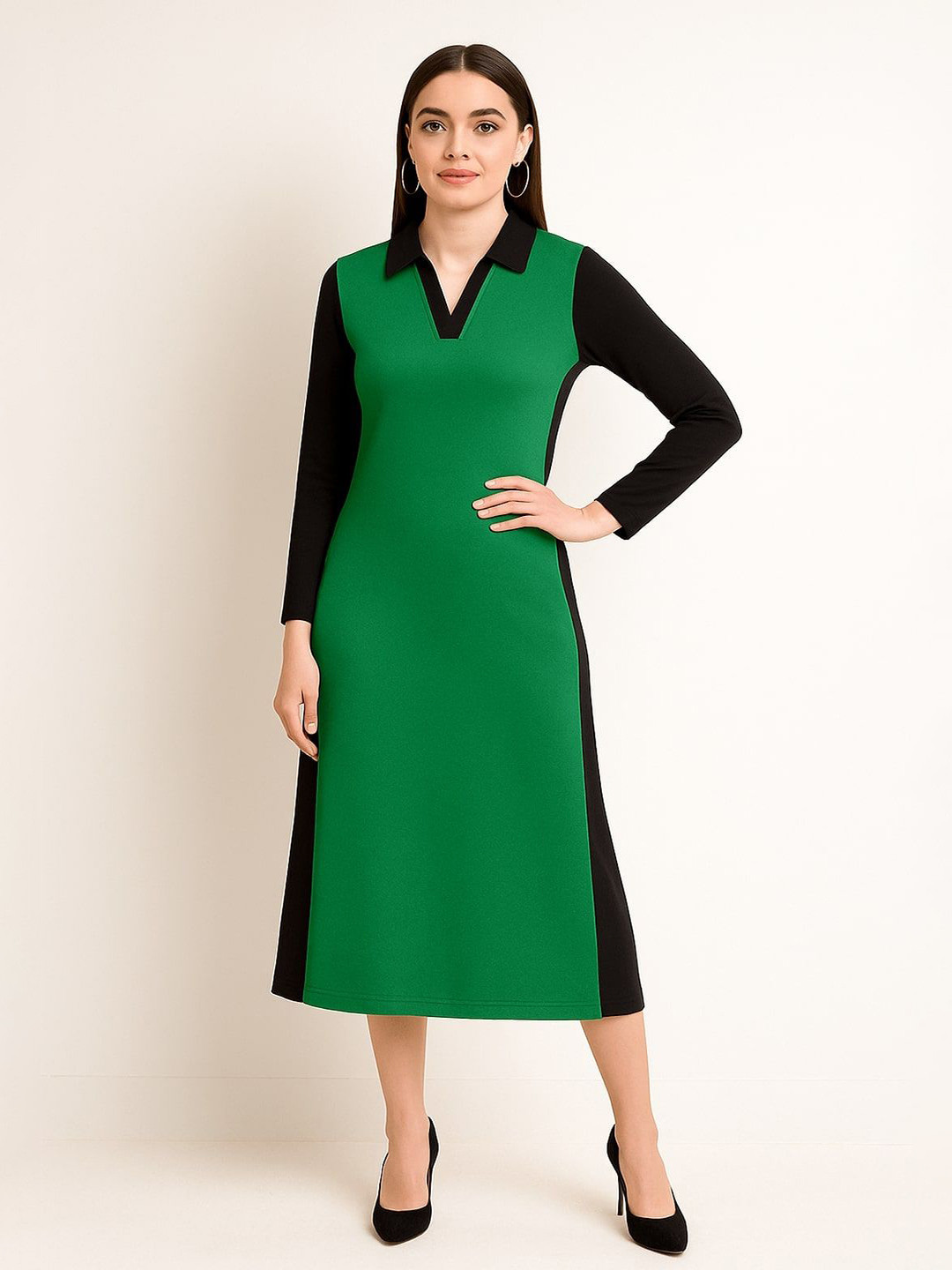 GAB Women Colourblocked 100% Pure Cotton Midi Shirt Collar Shirt Dress