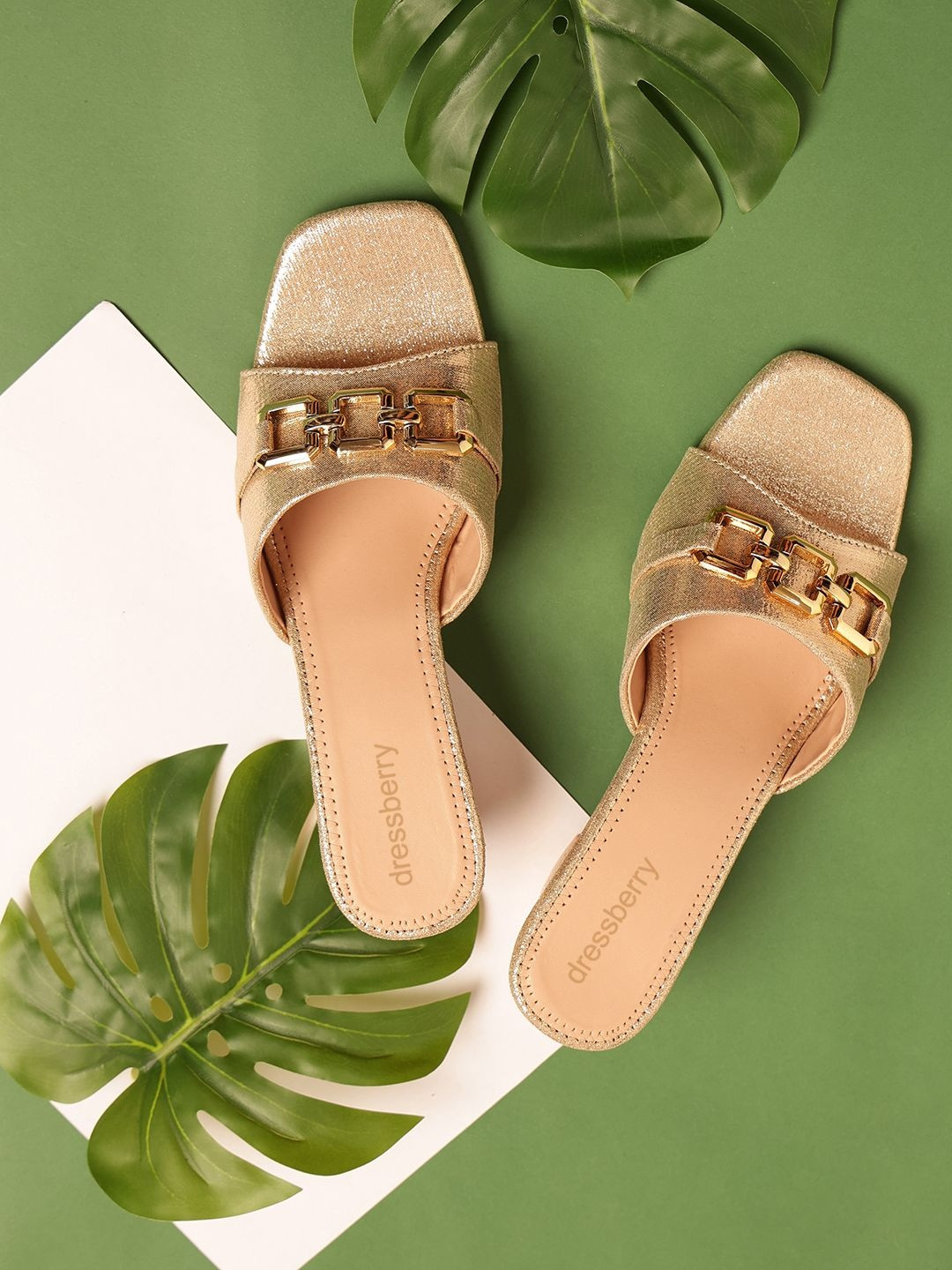 DressBerry Textured Metallic Detail Party Block Heel Sandals