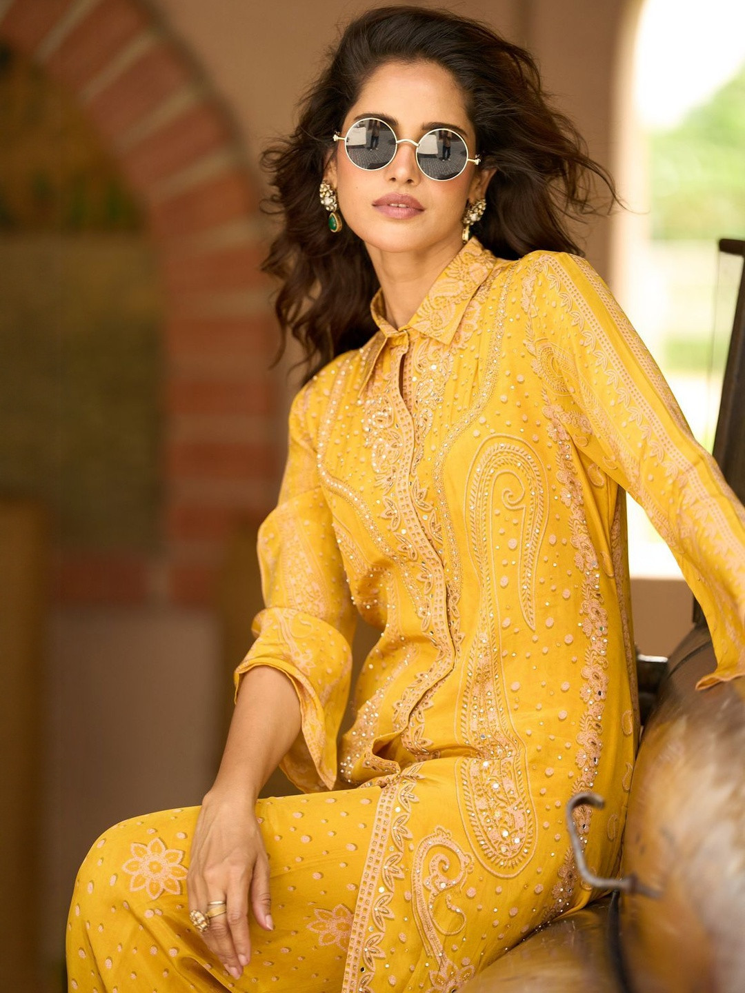 Anouk Women Mustard Crepe Silk Blend Printed Stone Embellished Co-ords