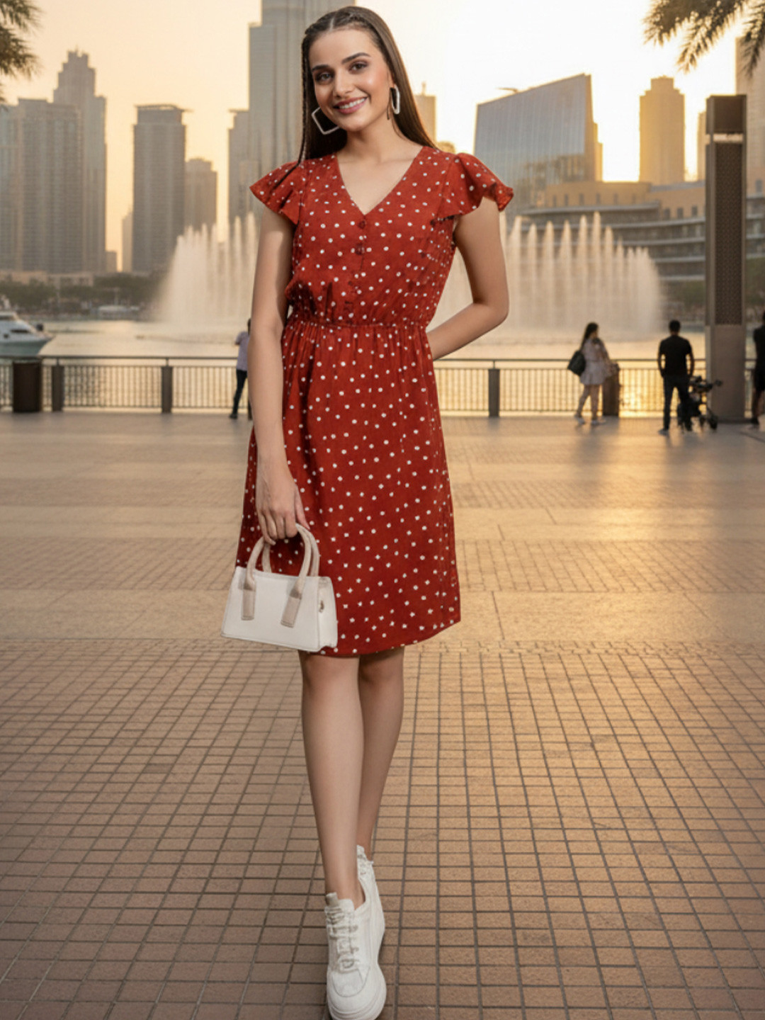 Oxolloxo Polka Printed V-Neck Short Cup Sleeves Elasticated Above Knee Length Dress