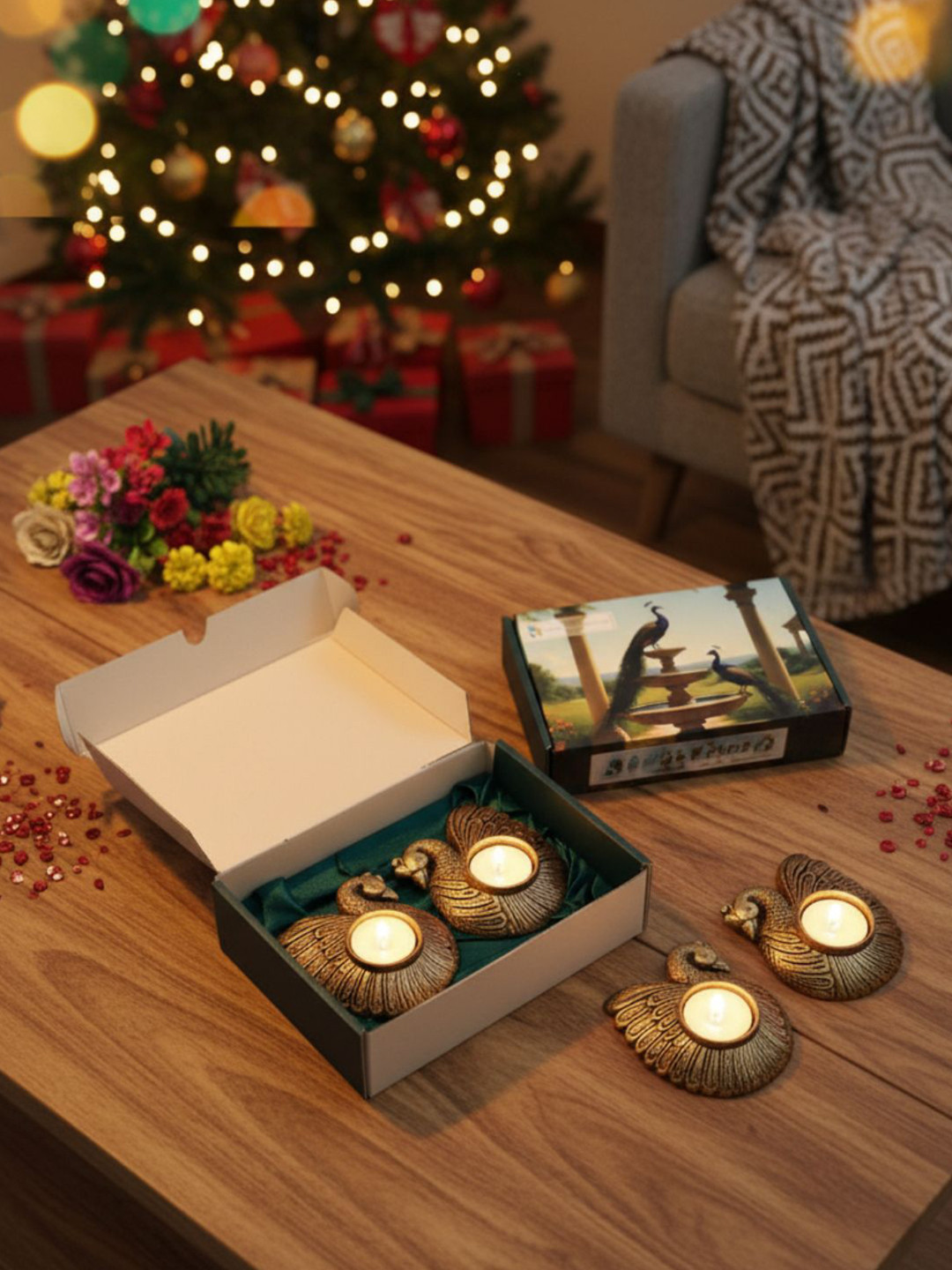 The handicraftian 4-Pcs Bronze-Coloured & Gold Textured Candle Holder