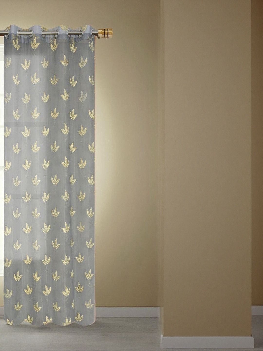 Aura Grey Ripple Fold Floral Sheer Long Door Curtains