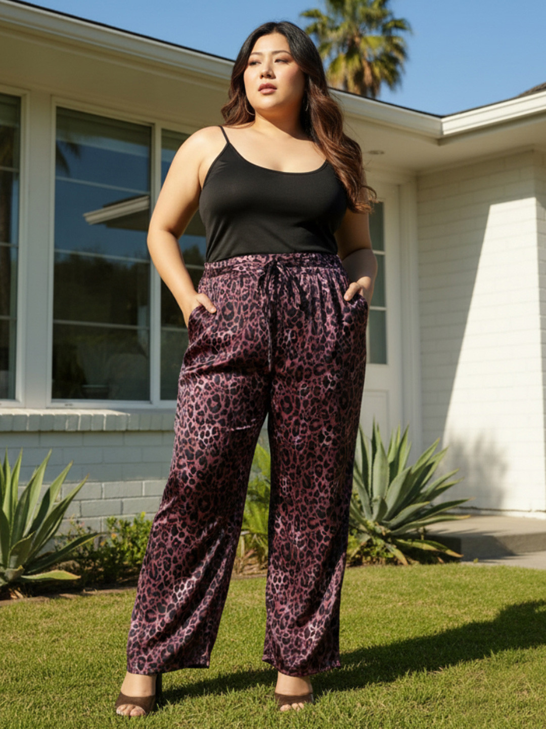 Oxolloxo Women Plus Size Animal Print Relaxed Fit Elasticated Satin Trousers