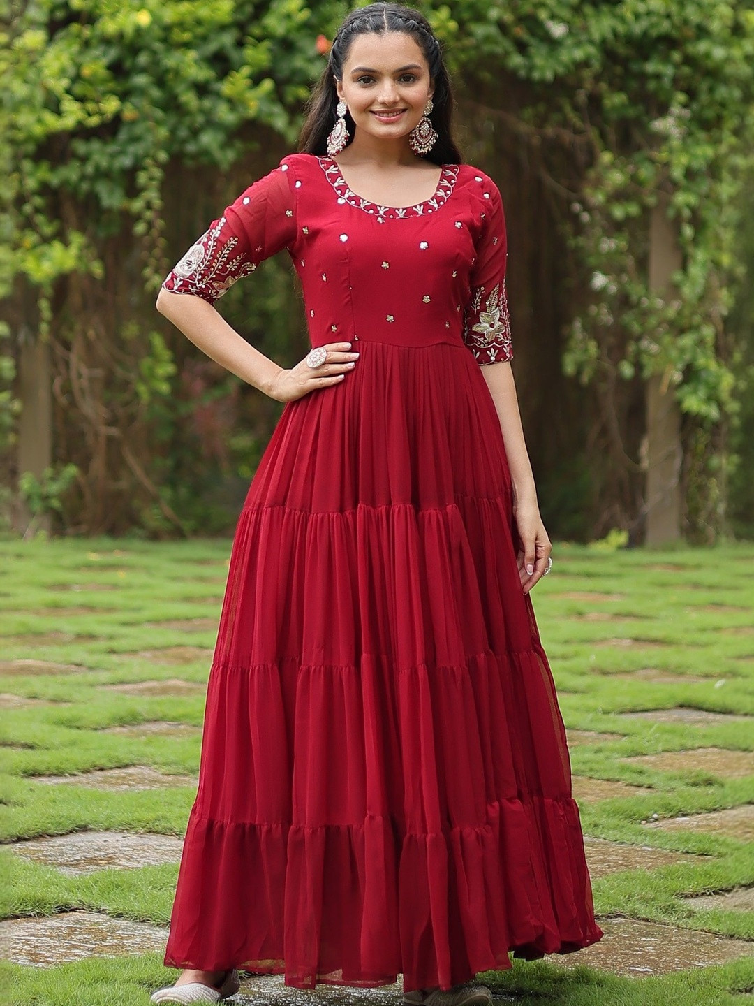 LAZZLY Embroidered Round Neck Georgette Fit & Flare Maxi Dress