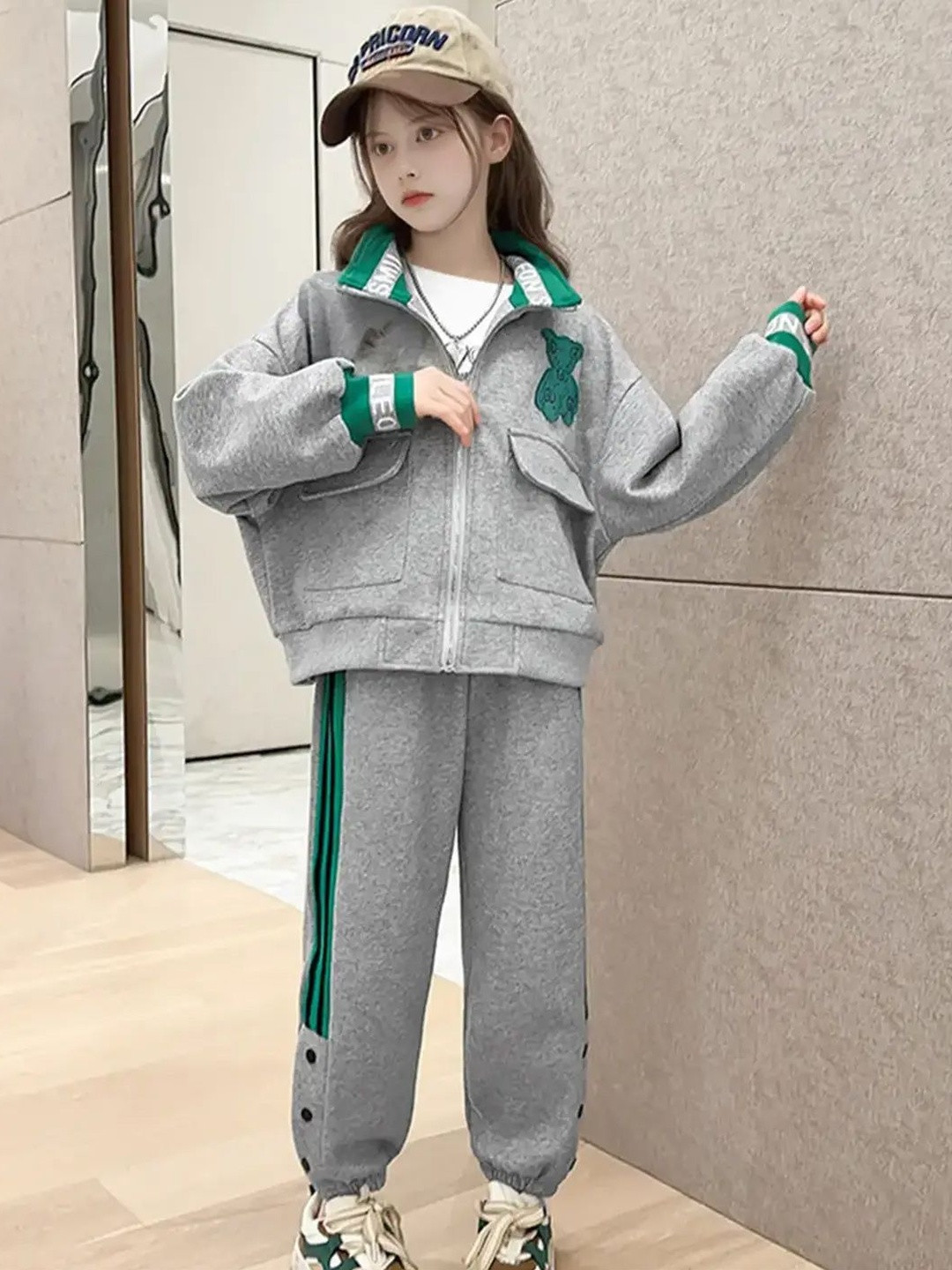 INCLUD Girls Bear Embroidered Zipper Jacket With Jogger