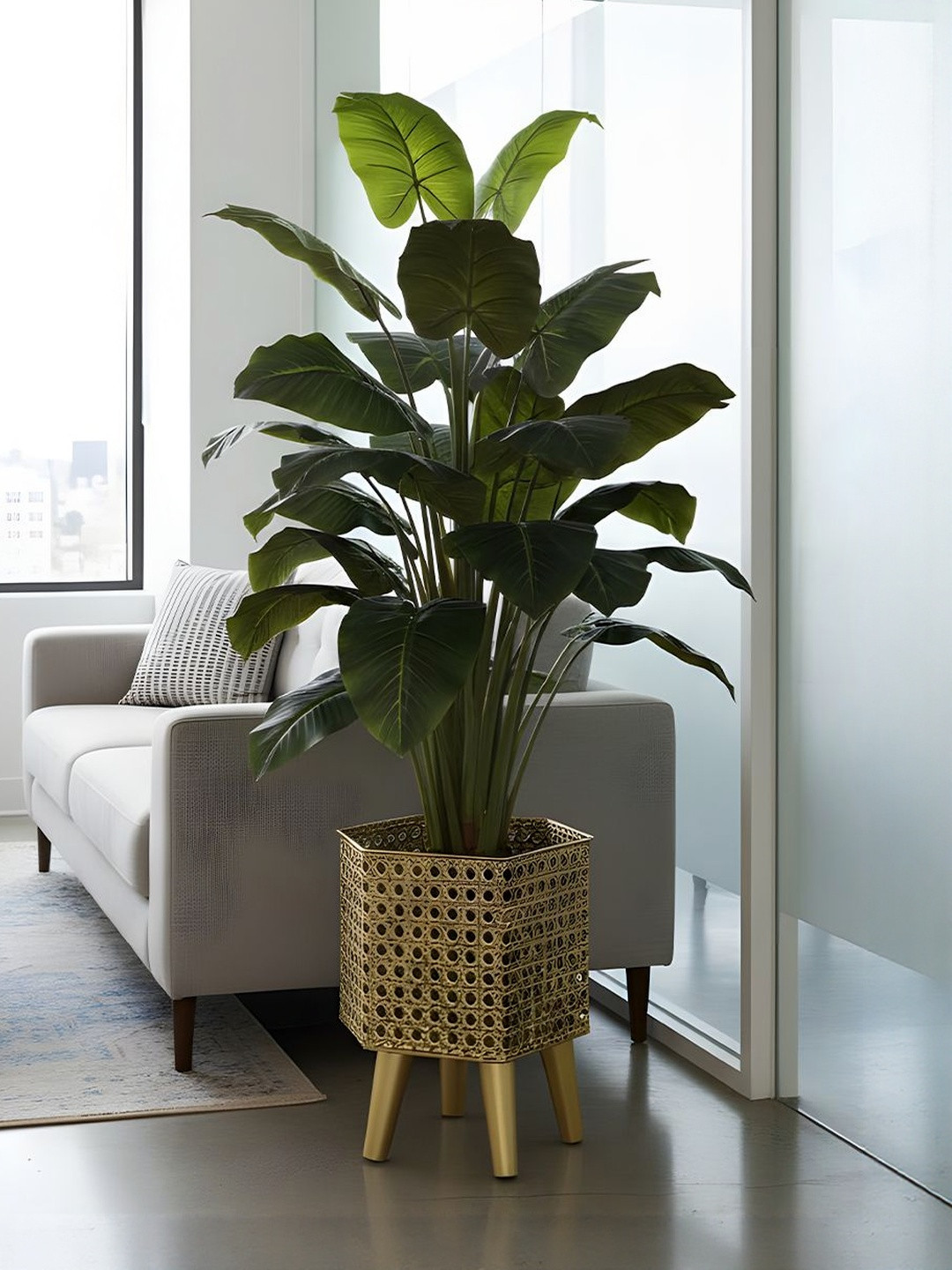 AARVI DECOR STUDIO Gold-Toned Freestanding Hexagonal Metal Luxe Planter