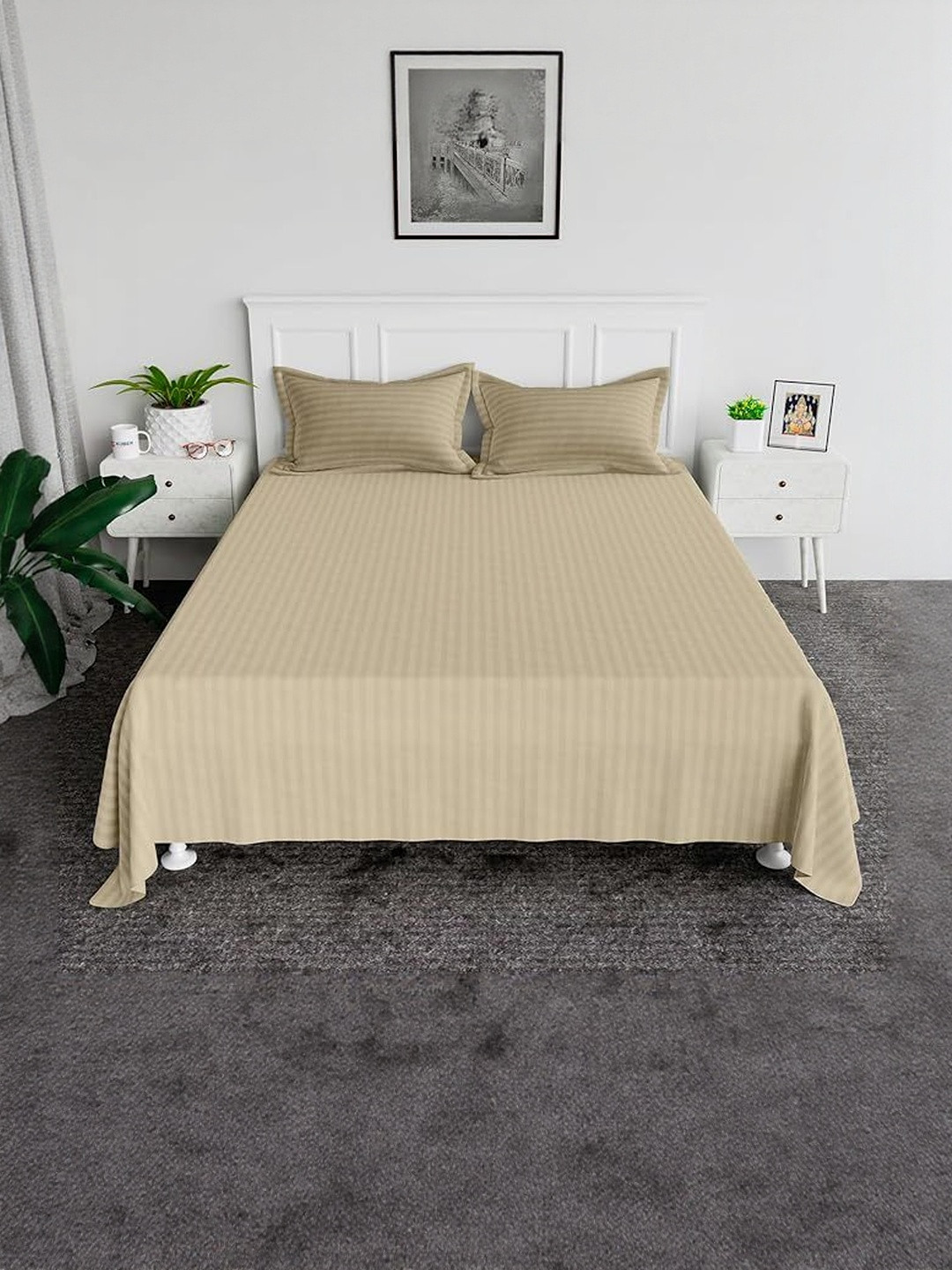 A Next Step Beige Striped Satin King Easy Care 240TC Double Queen Bedsheet 90 x 100 inches