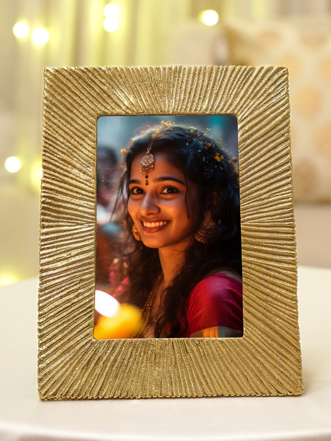 BEHOMA Golden Antique Metal Table-Top, Wall Hanging Large Sunburst Design Photo Frame