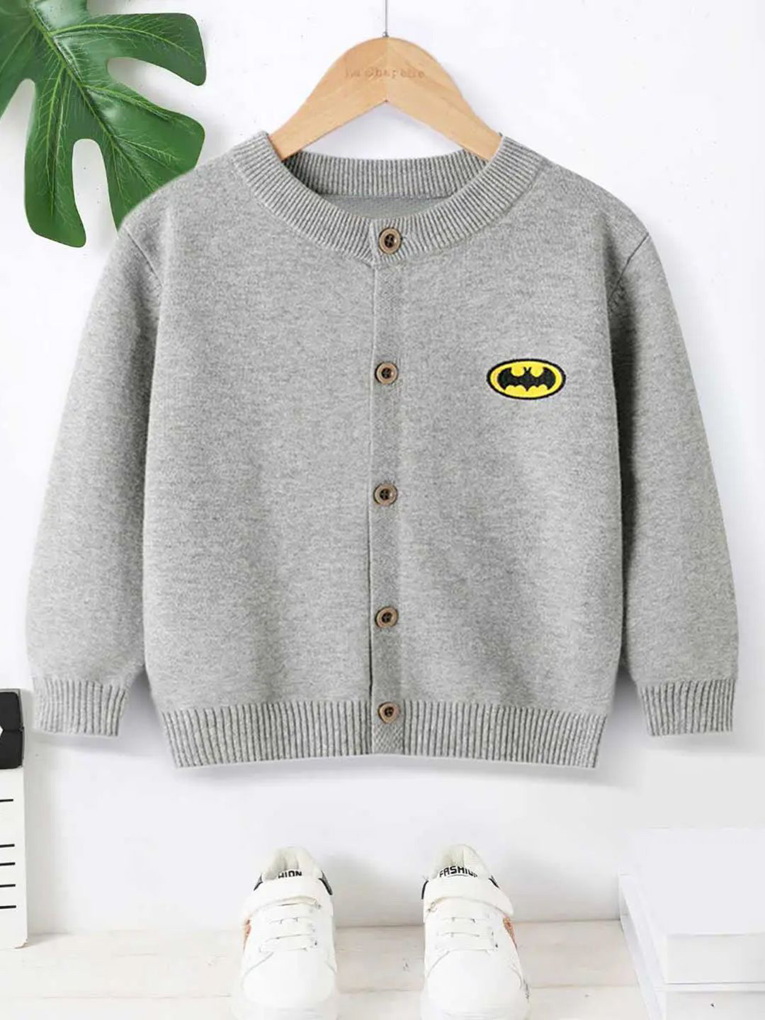YK Boys Batman Logo Printed Henley Neck Long Sleeves Cardigan