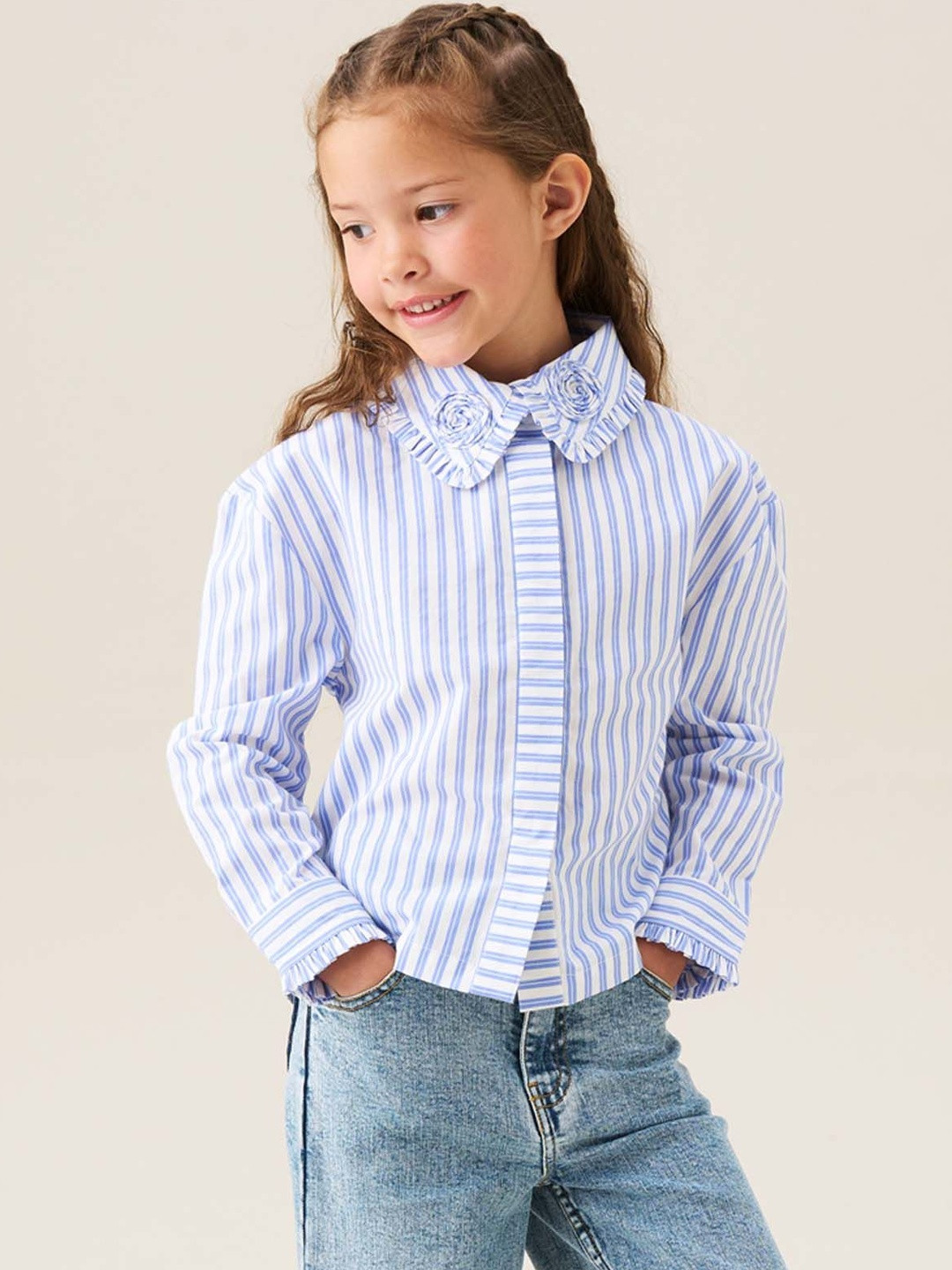 Angel & Rocket Girls Vertical Striped Corsage Collar Pure Cotton Shirt