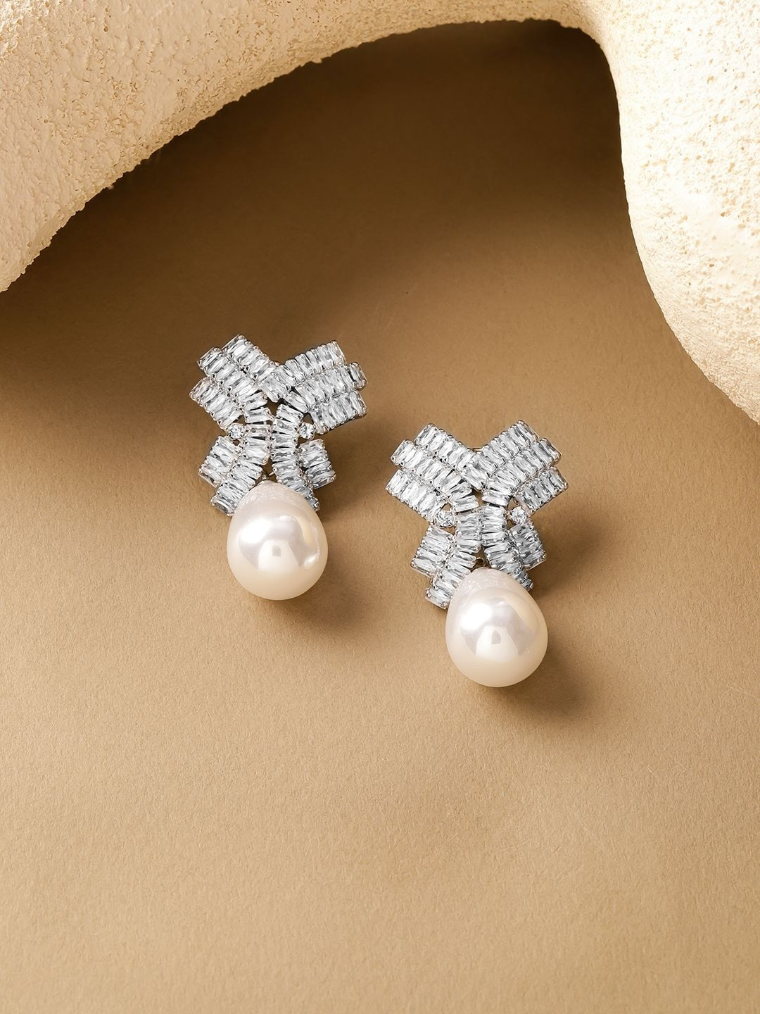 Rubans Rhodium Plated Oversized AD & White Pearl Drop Earrings