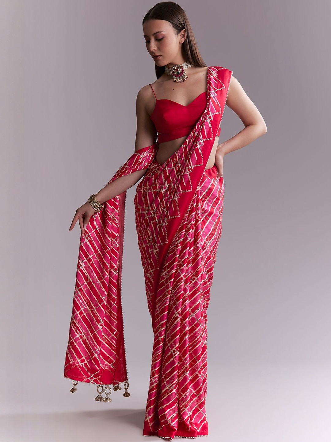 KALKI Fashion Leheriya Printed Zari Satin Saree With Criss Cross Stripes