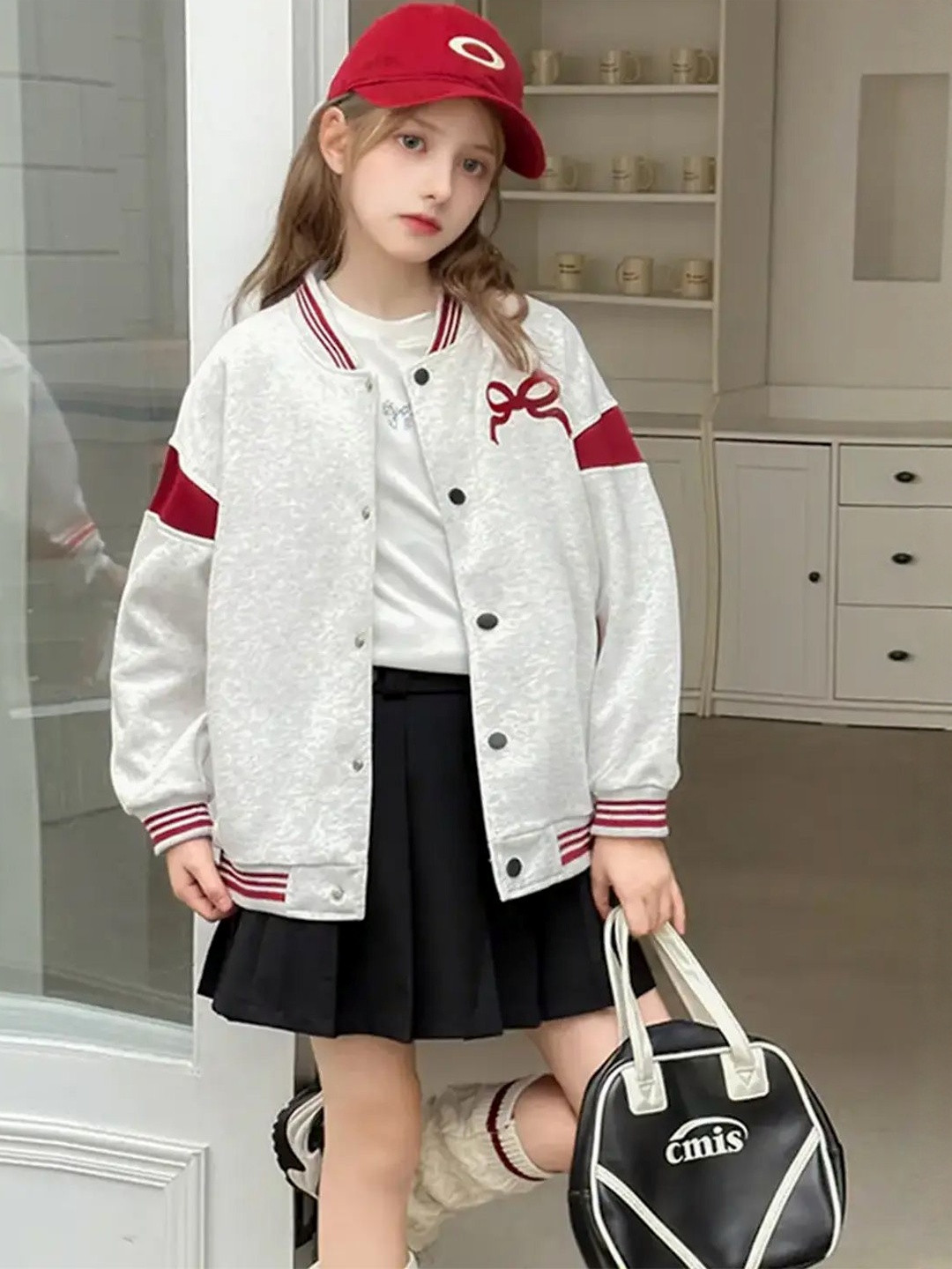INCLUD Girls Light Grey Bow Printed Varsity Jacket