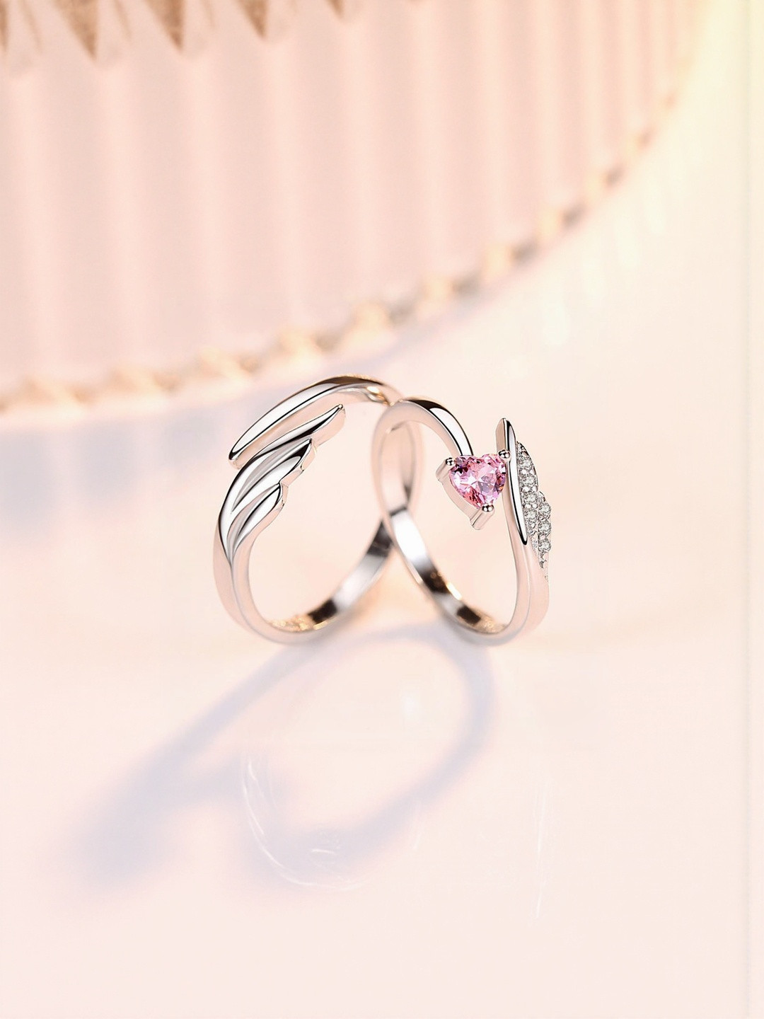 J.S ENTERPRISES Unisex Set of 2 Stainless Steel Pink Accent Finger Ring