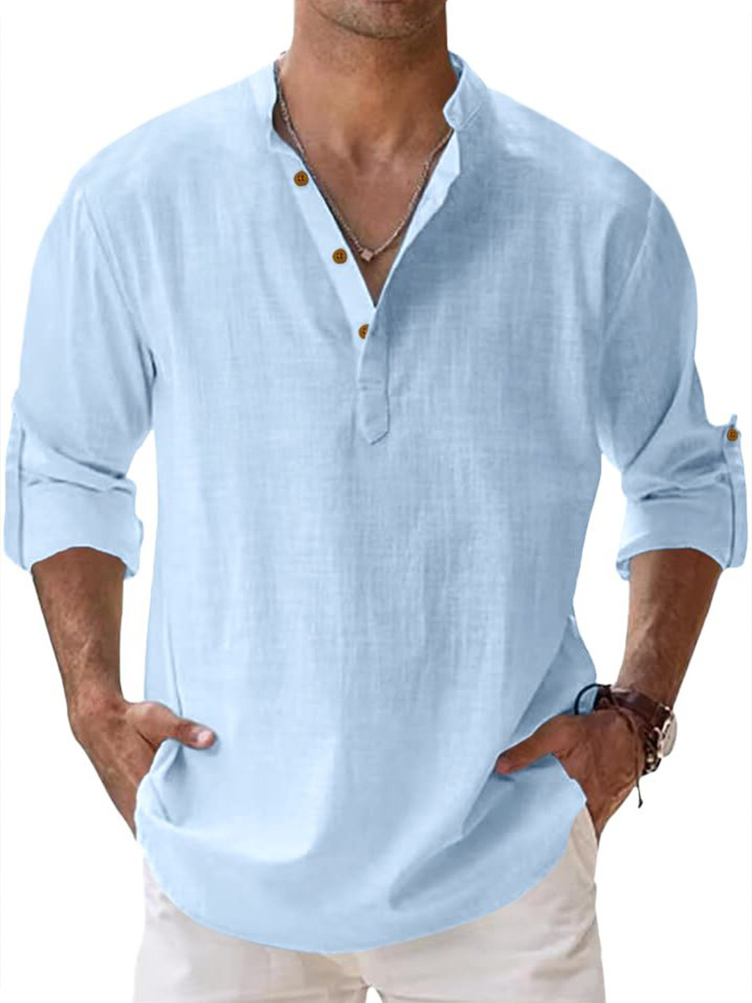 ZELINCO  Mandarin Collar Roll-Up Sleeves Cotton Straight Kurta