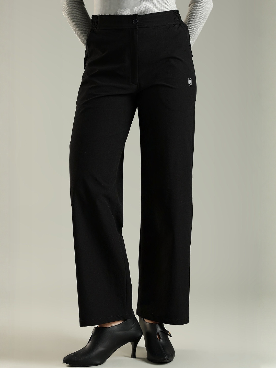 DOMIN8 Women Classic Woven Straight Fit Workleisure Pant with Zipper & Elastic opening