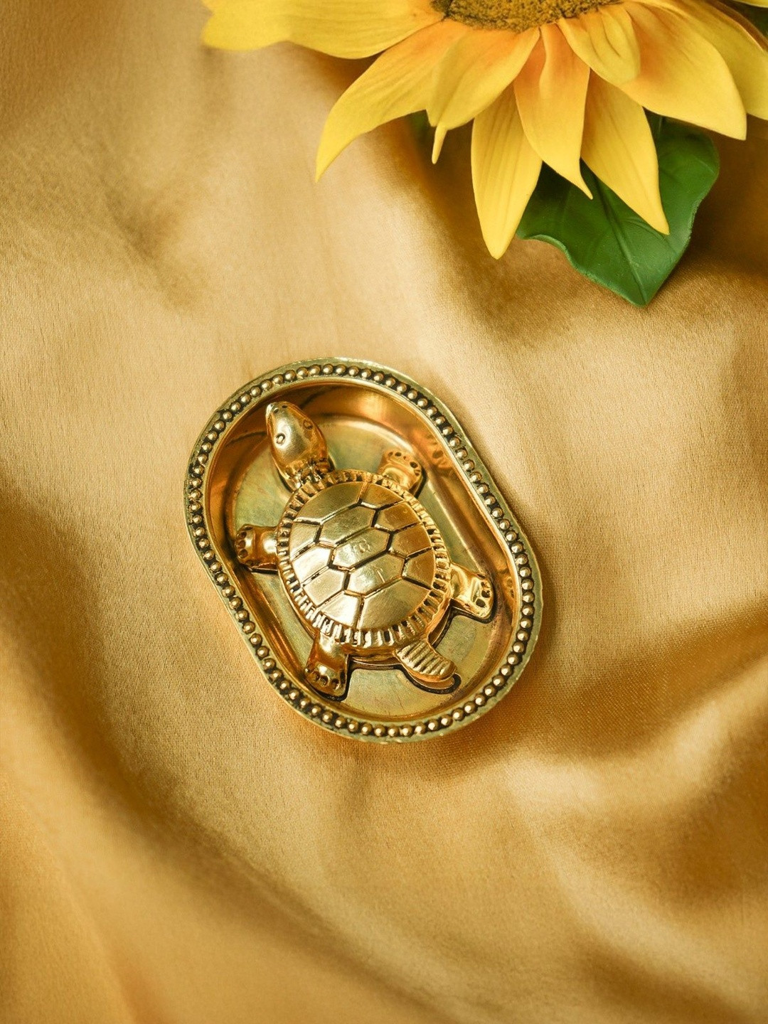 Ekhasa Gold-Toned Brass Tortoise With Plate For Vastu Figurine Showpiece