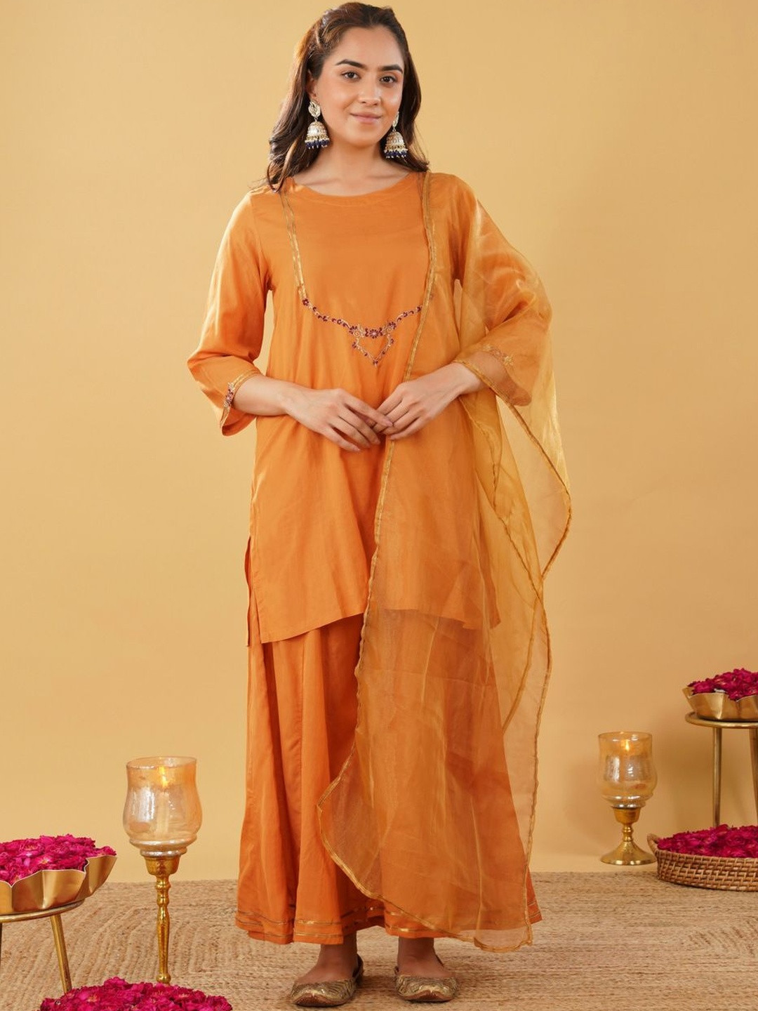 zuri Women Embroidered Regular Beads and Stones Pure Cotton Kurta with Palazzos & With Dupatta
