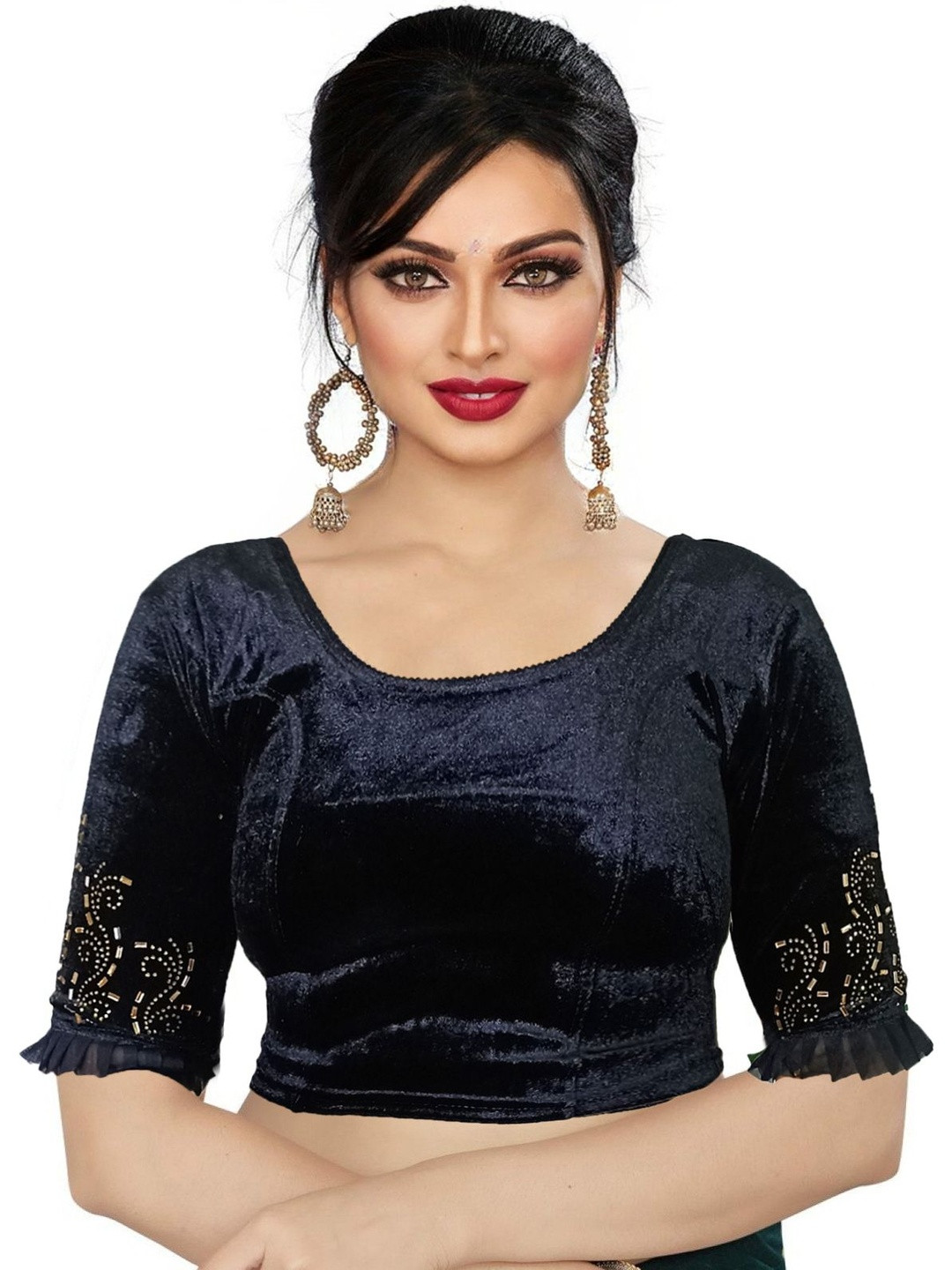 PU FASHION Women Black Stone Embellished Round Neck Stretchable Velvet Blouse