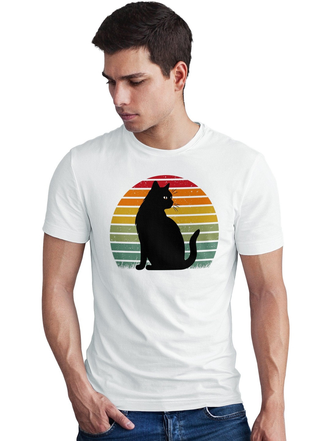 Seekbuylove Men Retro Cat Printed Round Neck Bio Finish Cotton T-shirt