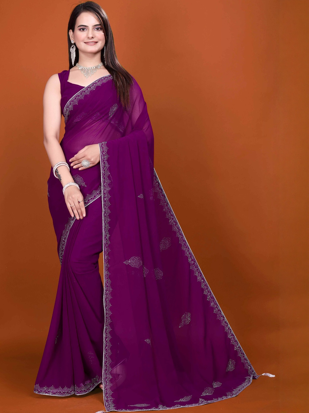 MEAVEN FEB Embellished Georgette Saree with Designer Border & Pallu Work