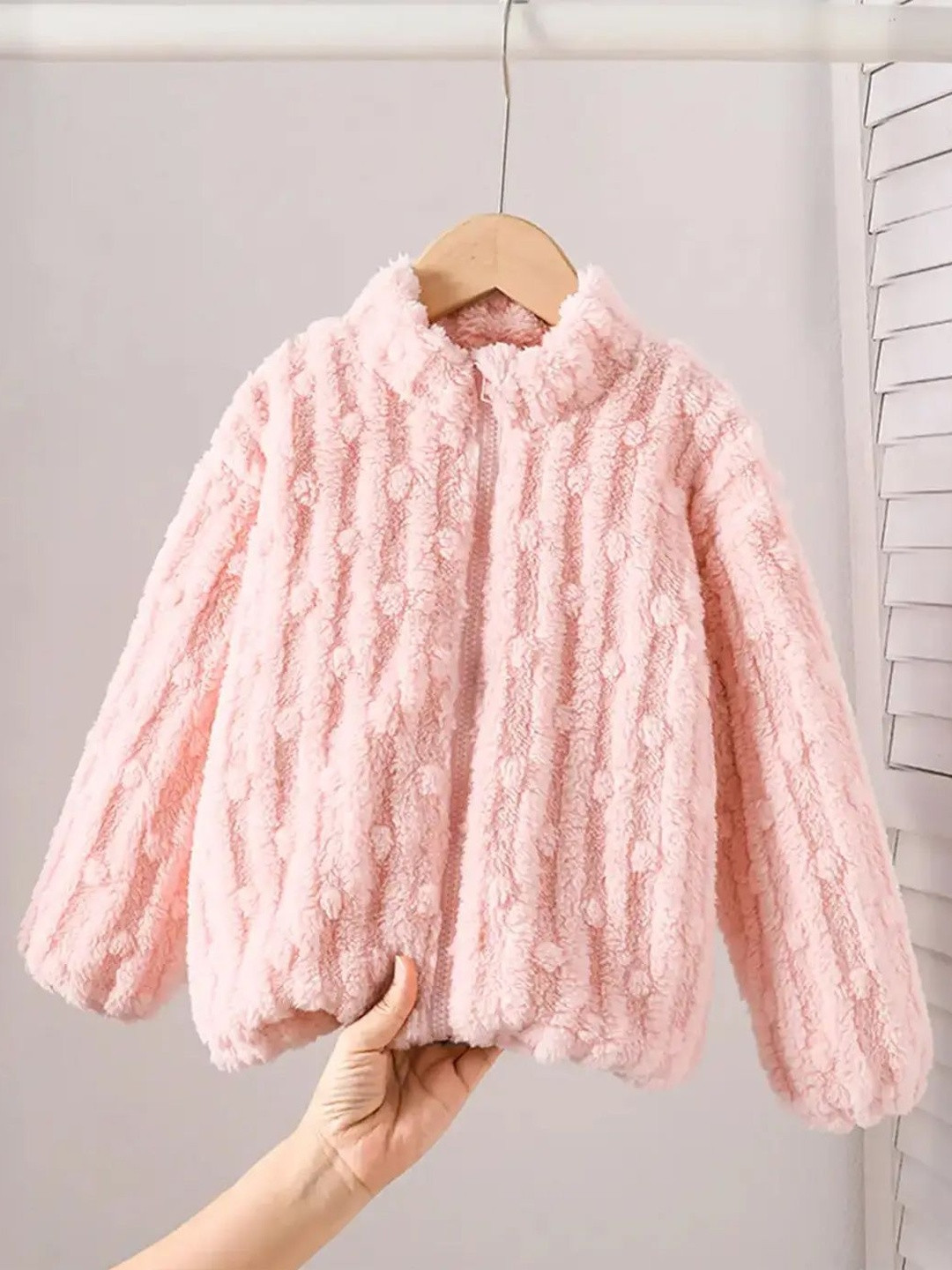 INCLUD Girls Light Pink Self-Design Fleece Zipper Jacket