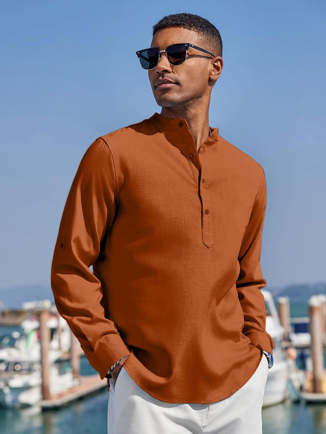ZELINCO Mandarin Collar Roll-Up Sleeves Straight Short Kurta