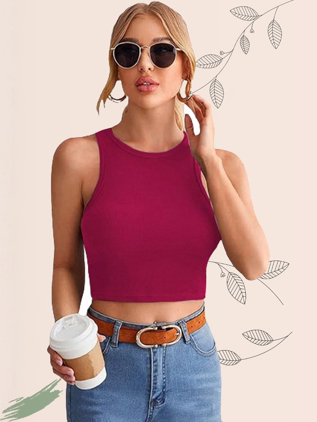 KIK33 Magenta Ribbed Round Neck Sleeveless Crop Tank Top