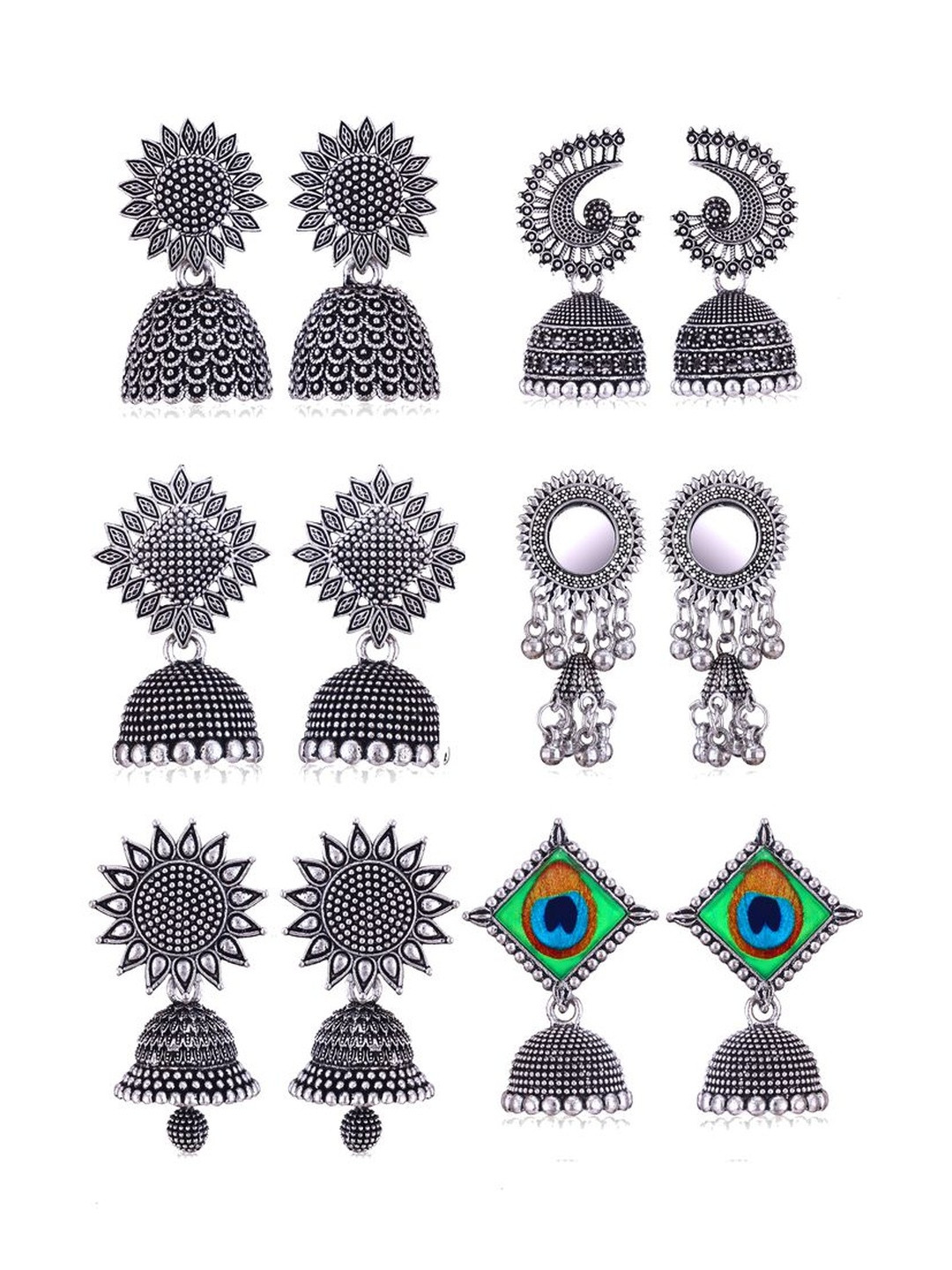 MEENAZ Women Pair of 6 Oxidized Jhumka Silver-Plated Earrings