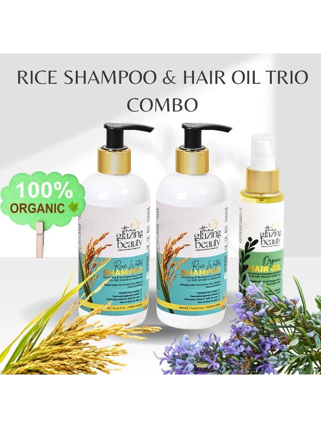THE GLAZING BEAUTY Set Of 3 Rice Water Shampoo & Rosemary Hair Oil