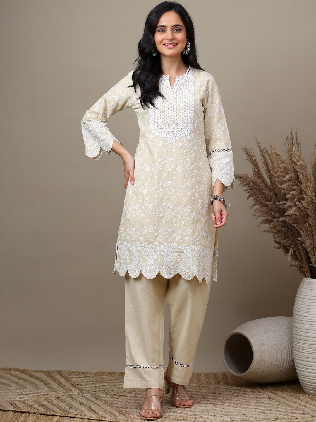SAROJ Cream Colored Floral Embroidered Pure Cotton Kurta With Palazzos
