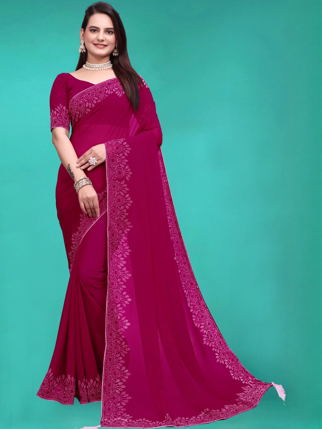 MEAVEN FEB Embellished Pure Georgette Saree with Exquisite Diamond Embellished Heavy Work