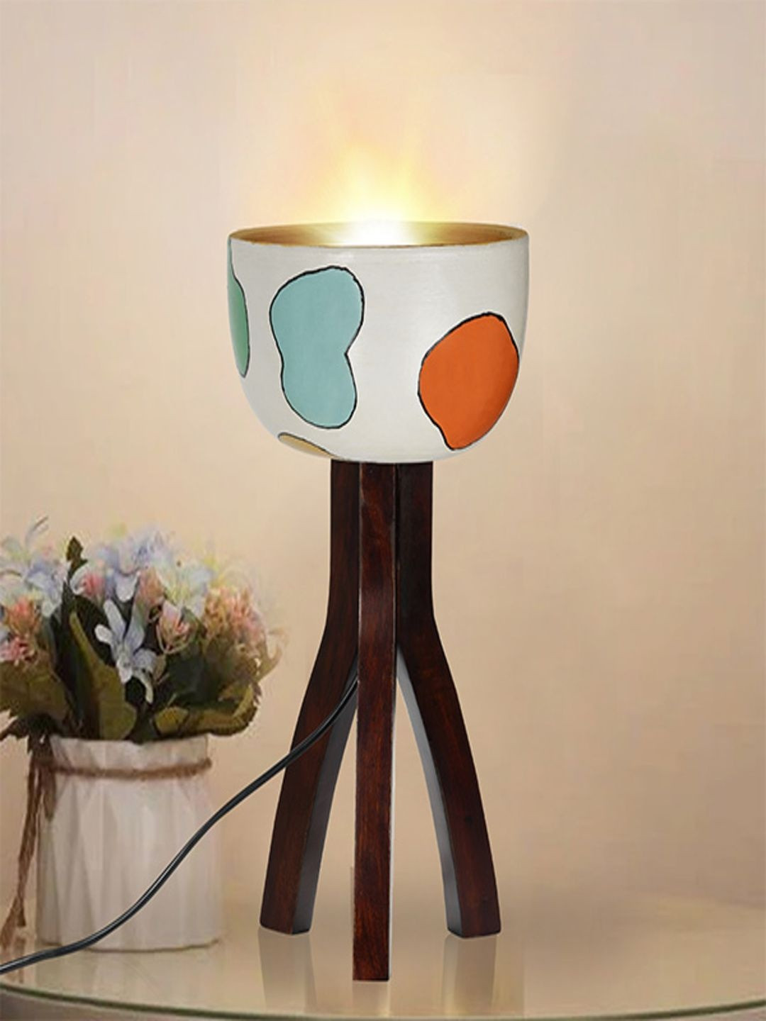 Flicker Shine White & Green Printed Terracotta Abstract Shaped Table Lamp with Bulb