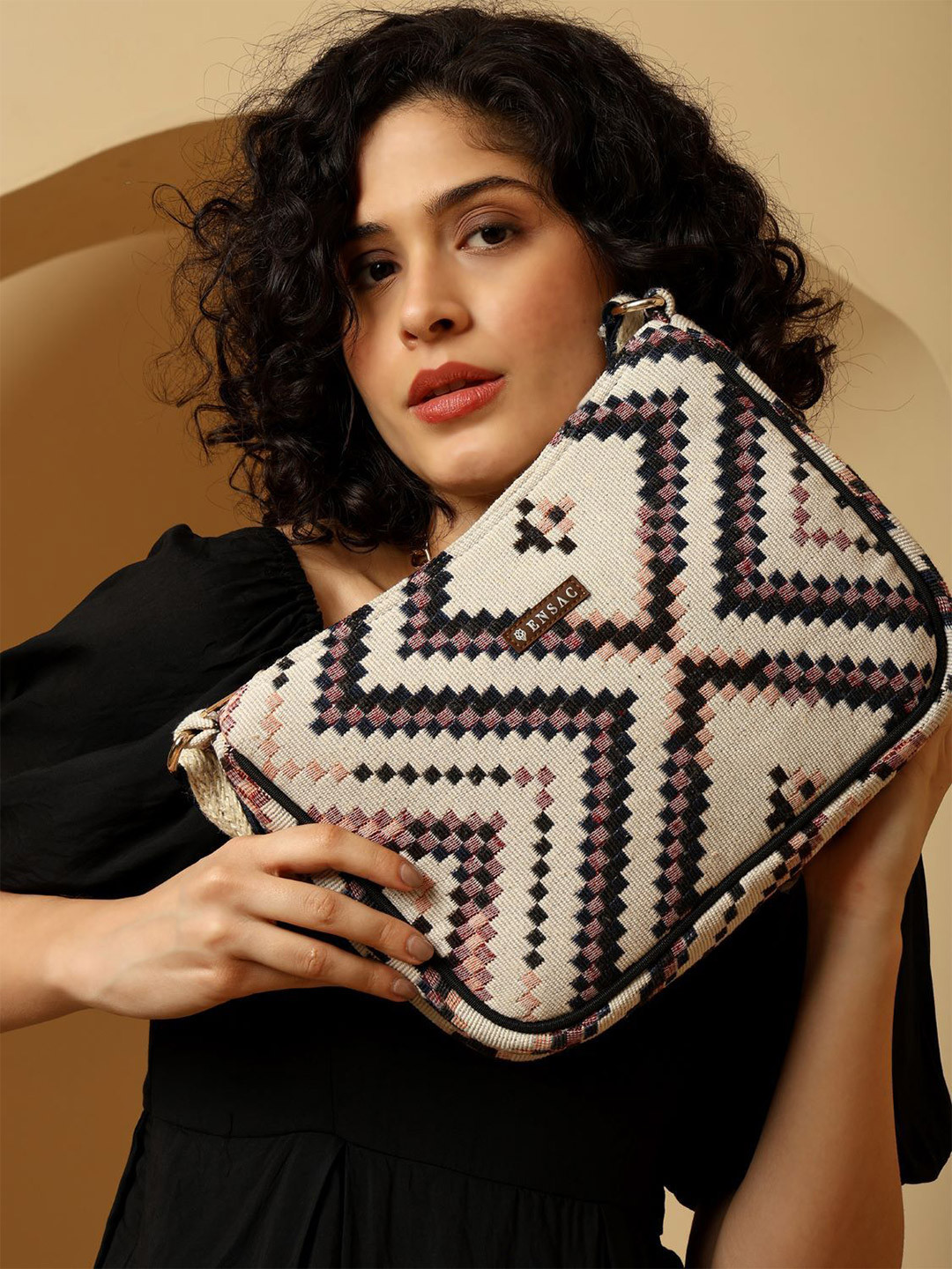 ENSAC Beige & Black Solid Geometric Crossbody Tasselled Tote Bag
